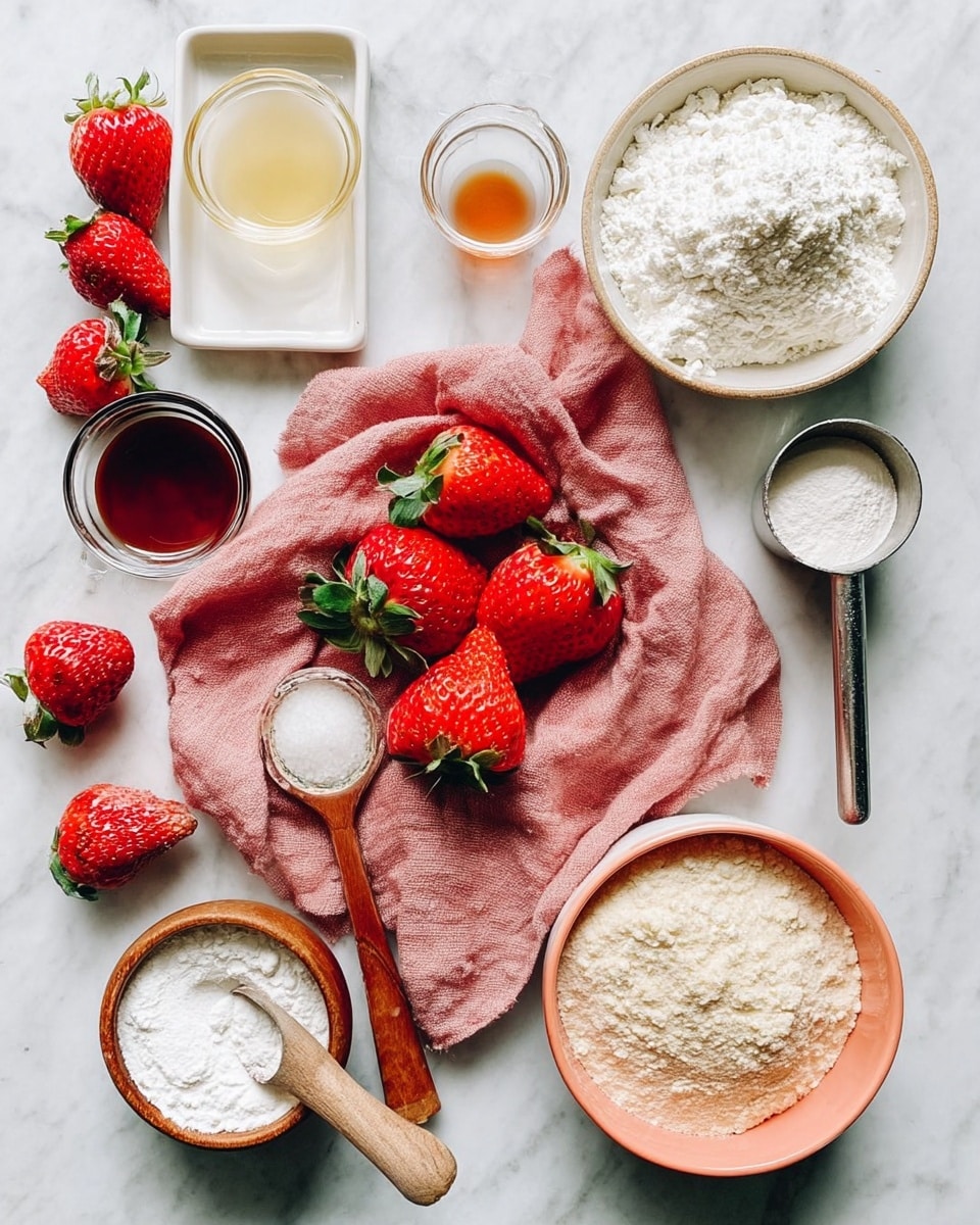 The image shows several layers of ingredients arranged neatly on a white marbled surface. In the center, there is a pink cloth with bright red strawberries, some whole and some sliced in half with their green tops visible. Surrounding the cloth are different containers holding white powdery ingredients: a white bowl filled with flour on the top right, a small round peach bowl filled with a beige powder at the bottom right, a small wooden bowl with a white powder near the bottom center, and a white rectangular container with a wooden spoon holding a fine white powder near the bottom left. On the top left, a small white rectangular plate holds two small clear glass bowls — one with a light yellow liquid and the other with a dark brown liquid — along with a wooden spoon containing a white powder. A silver measuring cup filled with a granulated white ingredient sits at the top right, with one strawberry beside it. Photo taken with an iphone --ar 4:5 --v 7