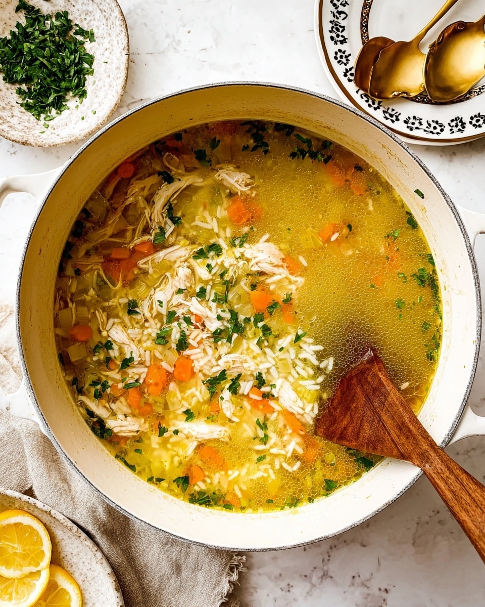 Two white bowls with black handles each hold a soup with three main layers: a golden broth base with visible herbs, soft orange carrot cubes, light yellow celery pieces, and white shredded chicken mixed with small grains of rice. The bowls sit on patterned white saucers with brown and black designs, on a white marbled surface. To the upper right is a white pot filled with the same soup, with a wooden spoon resting inside. Towards the lower left, there are lemon wedges on a small beige plate, fresh green herbs scattered around, and a beige cloth napkin on the bottom right. photo taken with an iphone --ar 4:5 --v 7