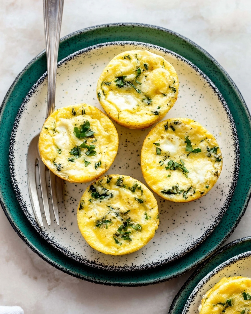 A stack of three small egg muffins sits on a white plate, each muffin round with soft, fluffy yellow bases filled evenly with small green spinach pieces and red bell pepper bits, topped with lightly browned edges and sprinkled finely with green herbs. One egg muffin lies flat to the right of the stack showing its smooth, firm side. The plate is placed on a white marbled surface with a blurred striped cloth background. Photo taken with an iphone --ar 4:5 --v 7