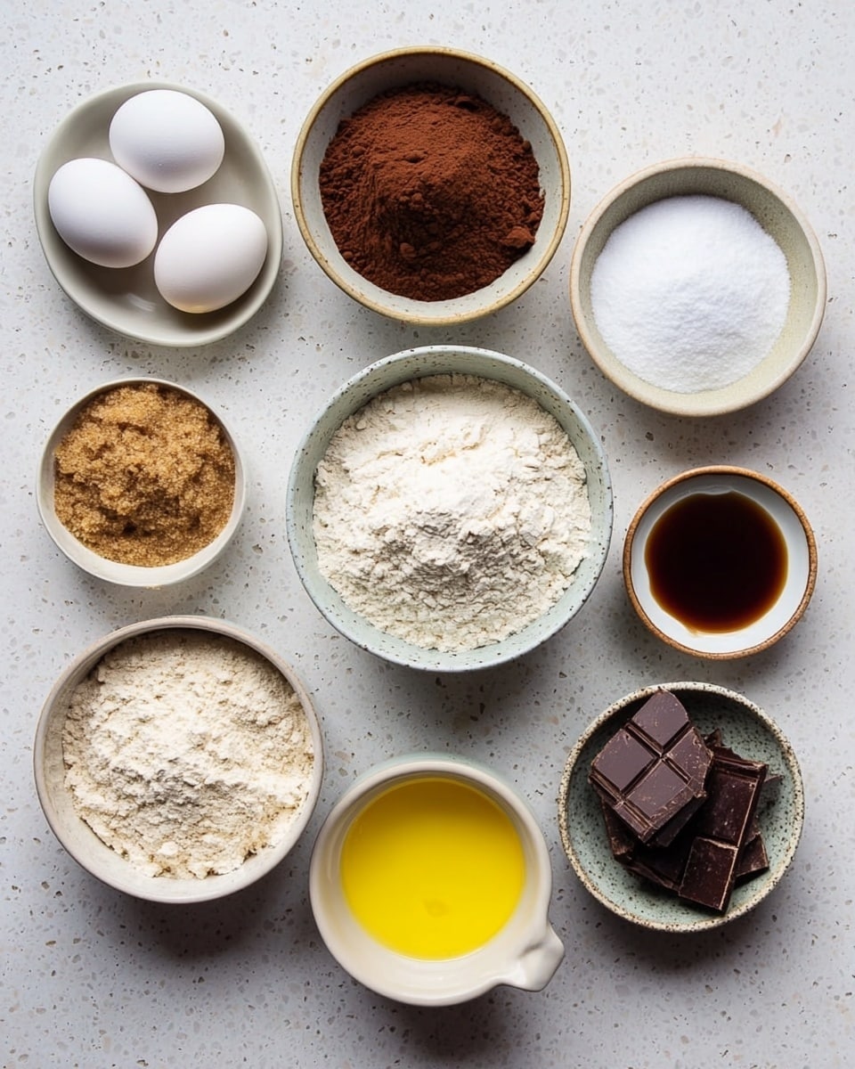 A set of nine white bowls and plates arranged on a white marbled surface, each filled with different baking ingredients: two white eggs on the left in a small oval dish, light brown sugar with a crumbly texture in a bowl below, a bowl of light beige flour with some cracks in the center bottom, a bowl of dark brown cocoa powder above it, a bowl of fine white granulated sugar to the right, a small bowl with dark brown vanilla extract, a smaller bowl with white salt, a cup with bright yellow melted butter on the far right, and a speckled bowl with uneven pieces of dark chopped chocolate at the bottom right. photo taken with an iphone --ar 4:5 --v 7
