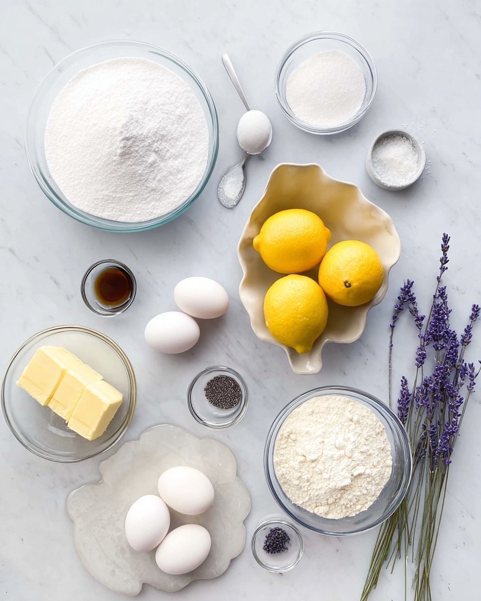 The image shows a white marbled surface with several small clear bowls arranged in a loose circle, containing baking ingredients. At the top left is a large bowl filled with white sugar. To its right, a small bowl with white powder and a spoon sits beside a unique white bowl holding three bright yellow lemons, one cut in half showing its juicy inside. Near the center is a clear bowl with six white eggs. Below the eggs, to the left, a small bowl holds two sticks of pale yellow butter, and next to it on the right is a bowl full of white flour. Small bowls with dark seeds, a tiny dark liquid, and a little white powder are spread around. On the right edge, fresh lavender stems add a touch of purple. The whole setup is neat, bright, and clean, photo taken with an iphone --ar 4:5 --v 7