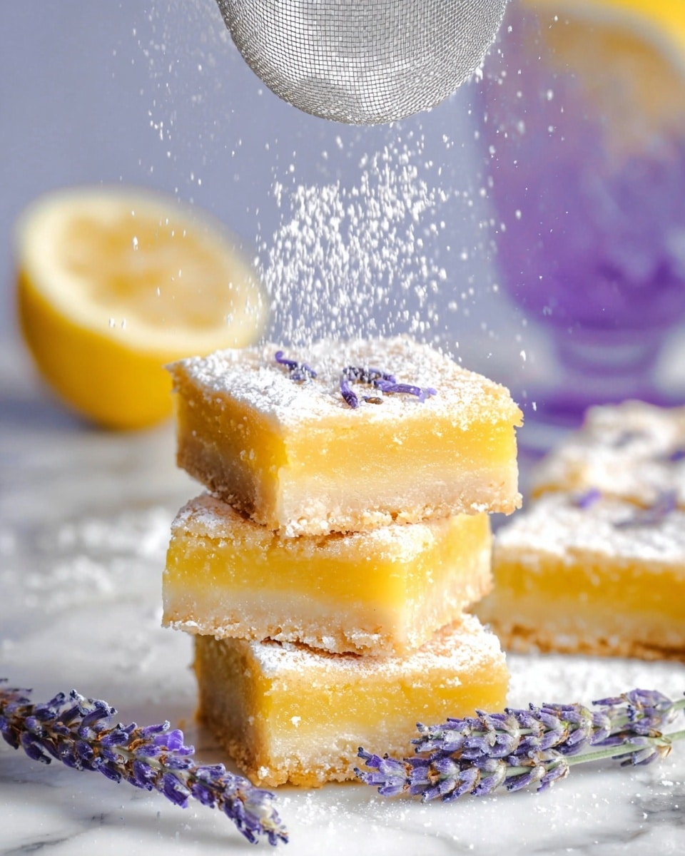 A stack of four square lemon bars is shown, each with two layers: a pale, crumbly base and a bright yellow, smooth lemon filling on top. The top lemon bar is being dusted with powdered sugar falling from a silver mesh sifter above. The bars have a light dusting of powdered sugar and small purple lavender flowers scattered on the top layer. The stack is on a white marbled surface with two sprigs of lavender placed beside it, and a blurry background featuring a lemon slice and a purple glass. Photo taken with an iphone --ar 4:5 --v 7