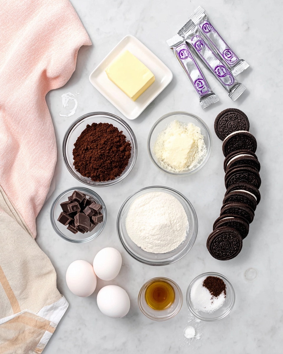 The image shows neatly arranged ingredients on a white marbled surface, including a stack of dark chocolate sandwich cookies forming a slightly curved line on the right side, several sticks of silver-wrapped butter near the cookies, and a small square white dish with a pat of butter at the top. Around the center are clear glass bowls holding various ingredients like chopped chocolate, dark brown cocoa powder, white sugar, a light cream or milk, and three white eggs. Near the bottom right, there are small pours of vanilla extract and a dark powder, with a beige and white striped cloth partially visible on the edge. A soft pink cloth lies unfolded in the top left corner, adding a gentle color contrast. photo taken with an iphone --ar 4:5 --v 7