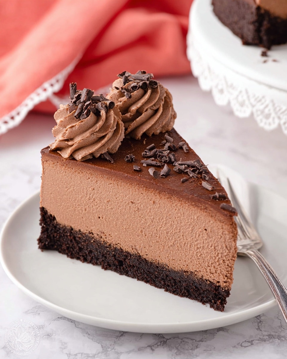 A slice of chocolate cheesecake is shown on a white plate with a silver fork beside it. The dessert has three layers: a dark brown, crumbly cookie crust at the bottom, a thick, creamy medium brown chocolate cheesecake middle layer, and a light brown, smooth swirl of chocolate cream topped with small chocolate shavings on top. The background surface is white with a marbled texture, and there is a coral pink cloth with white lace trim softly blurred in the back. Photo taken with an iphone --ar 4:5 --v 7