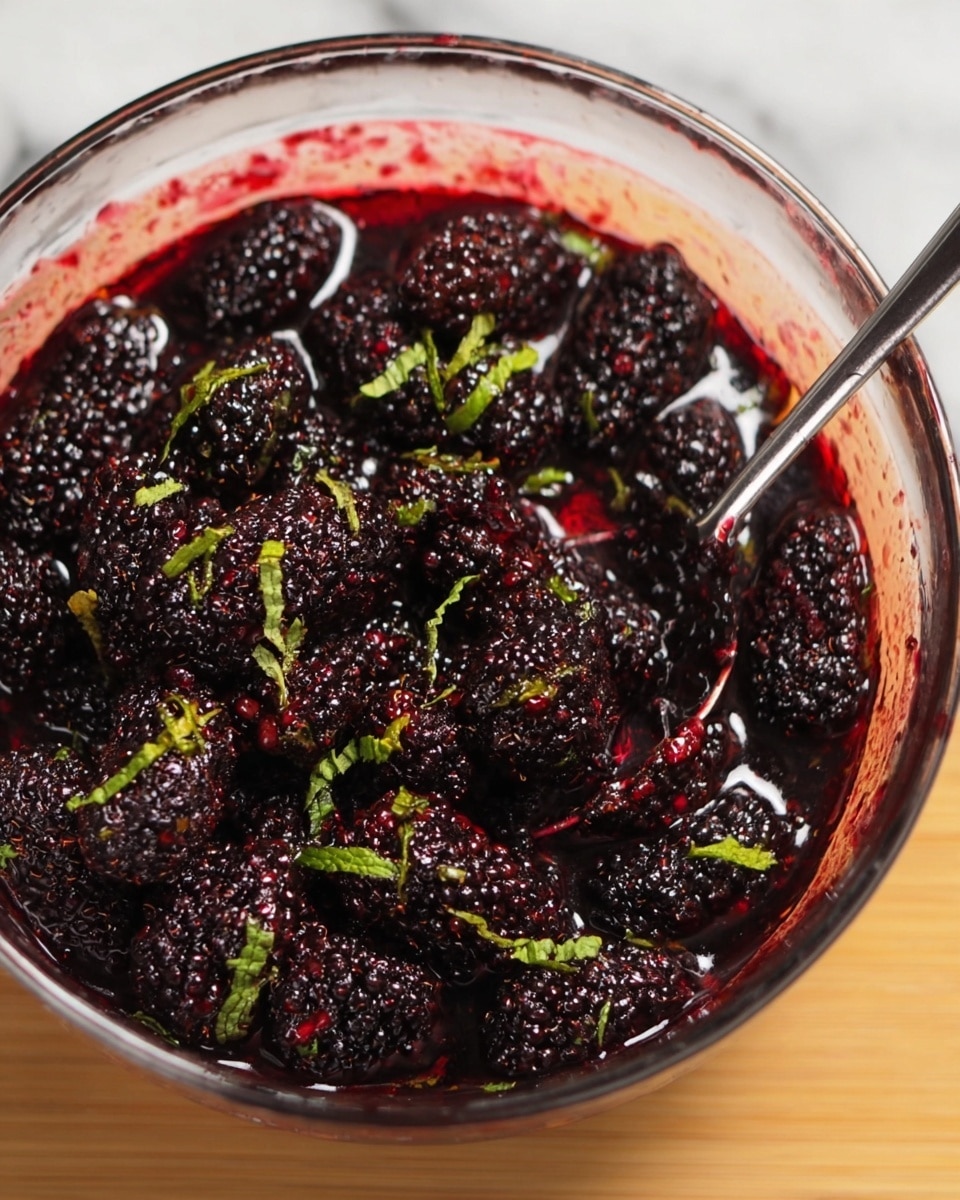 A clear round glass bowl filled with a mixture of dark purple-black mulberries coated in a shiny red syrup, with small green mint leaves scattered on top. A metal spoon with a shiny silver surface is partially inside the bowl, resting on the mixture. The bowl is placed on a white marbled surface. photo taken with an iphone --ar 4:5 --v 7