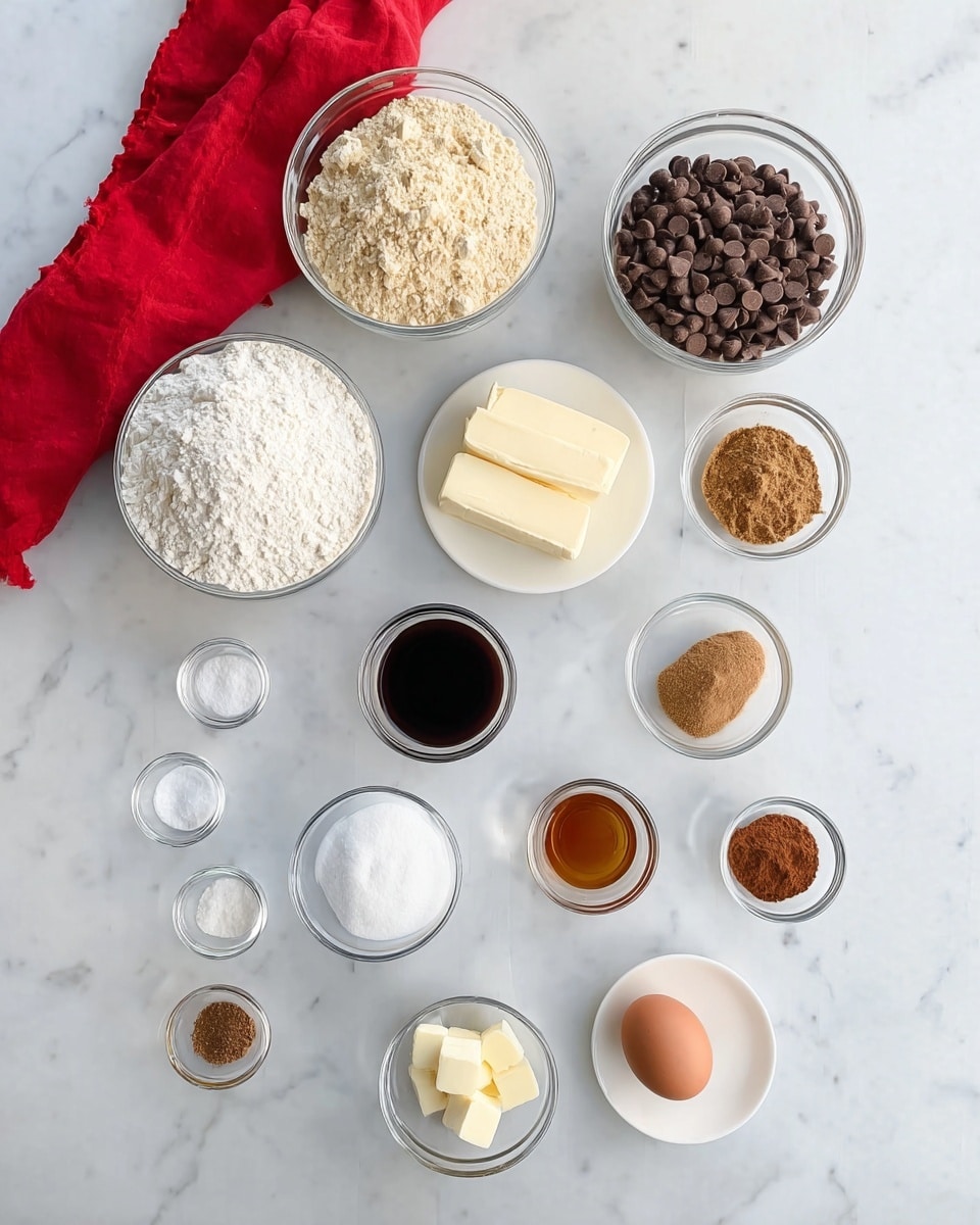 The image shows various baking ingredients arranged neatly on a white marbled surface. There are ten small clear glass bowls and one white bowl, each holding different ingredients: the largest bowl contains light brown chocolate chips, another large bowl holds white flour, a smaller bowl has brown sugar, and a small plate has two sticks of pale yellow butter. Other bowls hold white granulated sugar, dark liquid (likely molasses or syrup), an egg in a white bowl, and small amounts of salt, baking soda, vanilla extract, cinnamon, nutmeg, and ginger in tiny clear dishes. A red cloth is visible at the top left corner of the image. The arrangement is clean and organized with soft natural light. Photo taken with an iphone --ar 4:5 --v 7