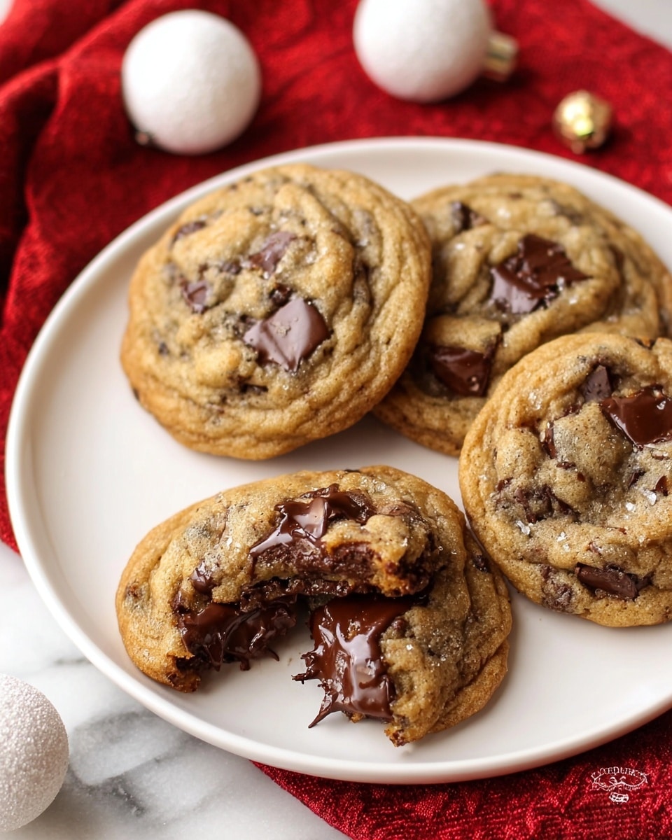 A white plate with four chocolate chip cookies on it, three whole ones in the back and one in the front broken in half showing melted, shiny dark chocolate inside. The cookies have a light brown baked surface with scattered dark chocolate pieces embedded in the dough. The plate is placed on a white marbled textured surface with a red cloth partially visible around. There are also a few small white Christmas ornaments near the plate. Photo taken with an iphone --ar 4:5 --v 7
