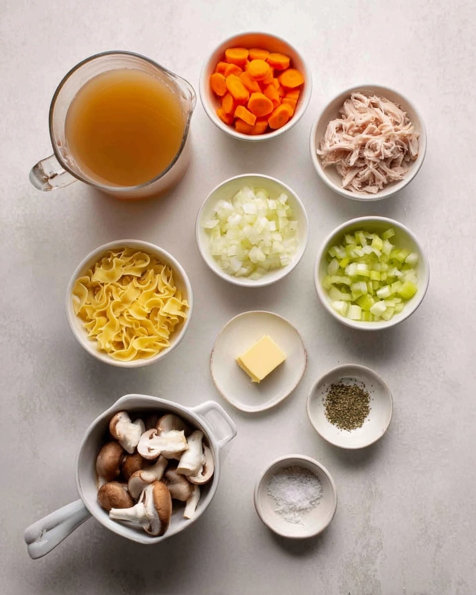 Nine white bowls and a clear glass pitcher sit on a white marbled surface. The pitcher at the top left is filled with light brown broth. Moving right, there is a small bowl filled with bright orange carrot slices, followed by a bowl with pale green chopped celery. Below these, a bowl holds chopped white onions, next to a small bowl with chopped garlic and dried herbs. At the bottom right, there is a tiny bowl with salt and pepper. In the center, a small plate has a piece of pale yellow butter. To the left of the butter, a bowl contains yellow egg noodles. Above the noodles, there is a bowl with shredded cooked meat that is light brown with some pink hues. At the bottom center, a white bowl with a handle holds sliced mushrooms with a light brown top and cream underside. photo taken with an iphone --ar 4:5 --v 7