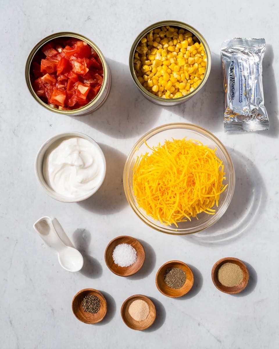 The image shows an overhead view of several ingredients arranged neatly on a white marbled surface. There are two open cans at the top: one with diced tomatoes on the left and one with yellow corn on the right. Below them, near the center, is a clear white bowl filled with bright yellow shredded cheese. To the right side is a wrapped silver butter packet. On the left side is a small white bowl of sour cream. Below these items, there are four small round wooden dishes arranged in a row, each holding different spices: black pepper, a light brown powder, salt, and a finer light brown powder. A woman's hand holding a white spoon is visible near the bottom left and bottom right of the image, close to the spices. The whole setup is well lit with soft shadows. photo taken with an iphone --ar 4:5 --v 7