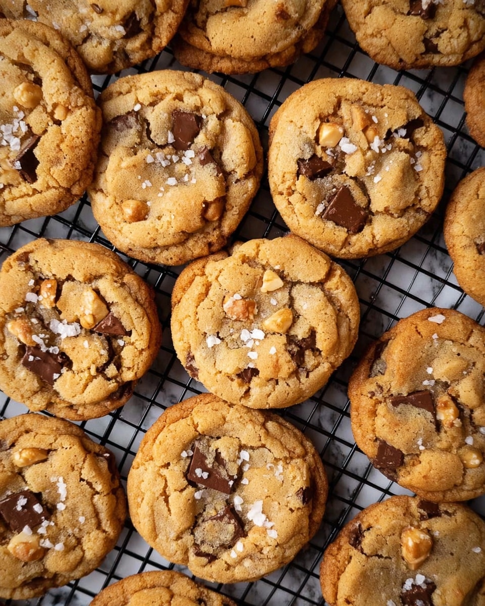 A close-up view of many round, golden-brown cookies with a slightly cracked texture on top, dotted with dark chocolate chunks and small bits of nuts. The cookies are spread all over a black cooling rack, showing their soft and chewy centers. Some cookies have small white flakes of sea salt on top. The background is a white marbled texture. photo taken with an iphone --ar 4:5 --v 7