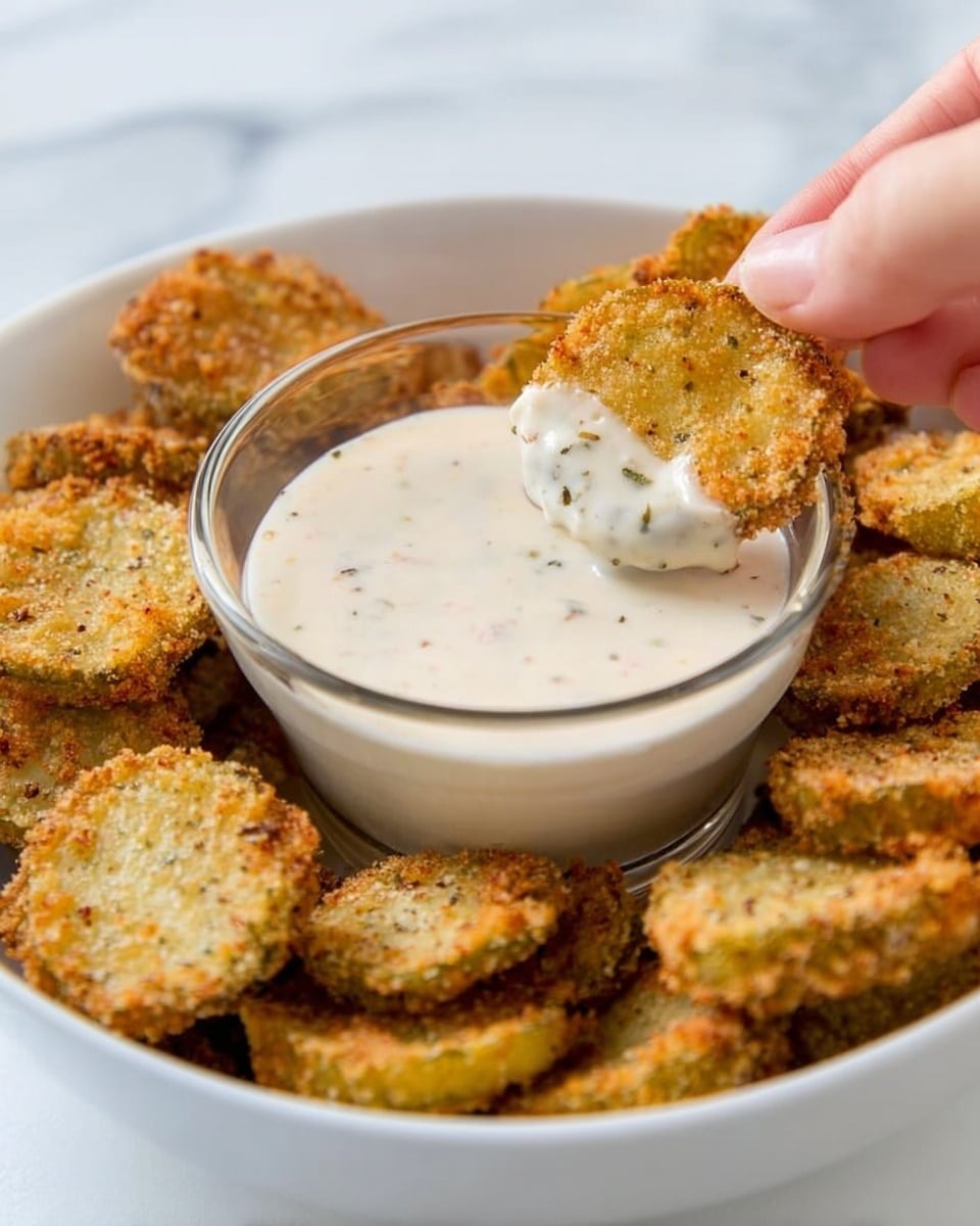 A white bowl filled with round, crispy fried pickle slices that are golden brown with a speckled texture of seasoning. In the center of the bowl, there is a smaller clear glass bowl with creamy white dipping sauce that has small bits of herbs and spices. One pickle slice is dipped halfway into the sauce and held by a woman's hand. The bowl is placed on a white marbled surface. photo taken with an iphone --ar 4:5 --v 7