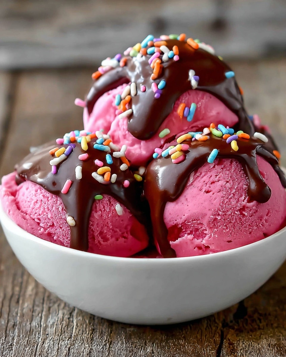 The image shows a white bowl filled with four scoops of bright pink ice cream. Each scoop is topped with a smooth layer of dark chocolate sauce that drips down the sides. Colorful round sprinkles in shades of orange, yellow, green, blue, purple, and white are scattered over the chocolate. The bowl sits on a wooden surface but is described with a white marbled texture. In the background, there is a blurred white bowl filled with more colorful sprinkles. photo taken with an iphone --ar 4:5 --v 7