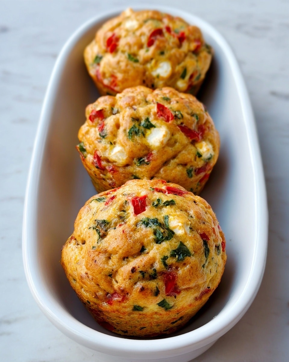 Three savory muffins are lined up in a white, long oval dish placed on a white marbled textured surface. Each muffin is golden brown with a textured crust, showing bits of red bell pepper and green herbs evenly spread throughout. White chunks of cheese are also visible inside the muffins, adding contrast to the colors. The muffins are slightly rounded and have a home-baked look with a soft texture visible at the edges. Photo taken with an iphone --ar 4:5 --v 7