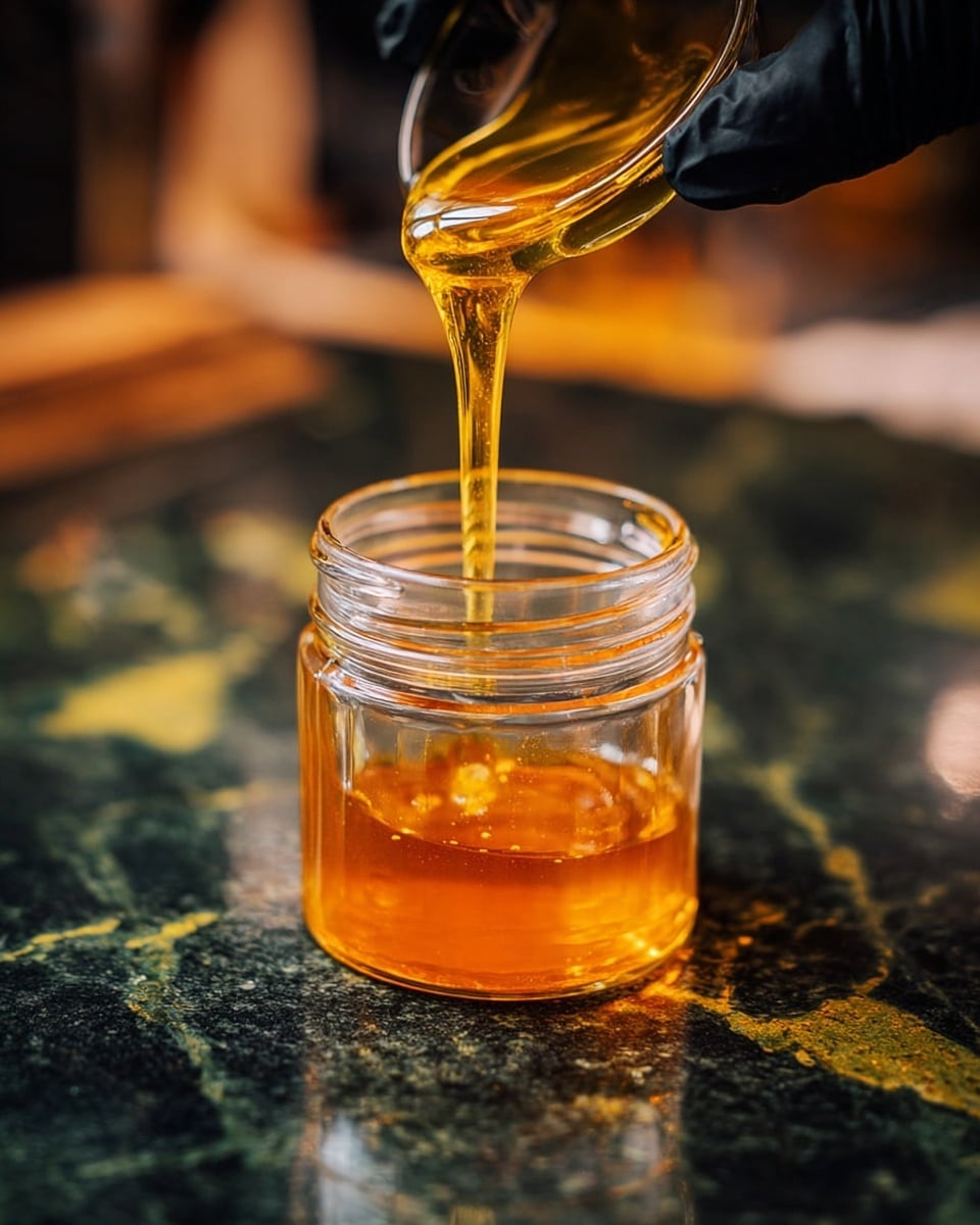 A clear glass jar is placed on a dark countertop with green and yellow veins. Golden honey is being poured from a transparent container held by a black-gloved woman's hand above the jar, forming a smooth, shiny stream that fills the jar with thick honey. The background is softly blurred, drawing attention to the flow and rich color of the honey. photo taken with an iphone --ar 4:5 --v 7