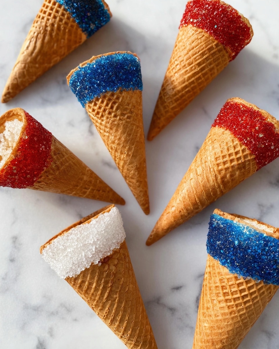 The image shows three small waffle cones standing upside down inside a clear glass filled with crushed ice. The cones have thick rims coated with colored sugar: the front glass holds two cones with bright blue sugar rims, the glass on the left holds cones with white sugar rims, and the glass on the right holds cones with red sugar rims. The waffle cones have a golden brown color with a crisp texture. The glasses are placed on a white marbled surface, with soft natural lighting highlighting the sugar sparkle on the cone rims. One woman’s hand is gently holding a cone in the glass on the right. photo taken with an iphone --ar 4:5 --v 7