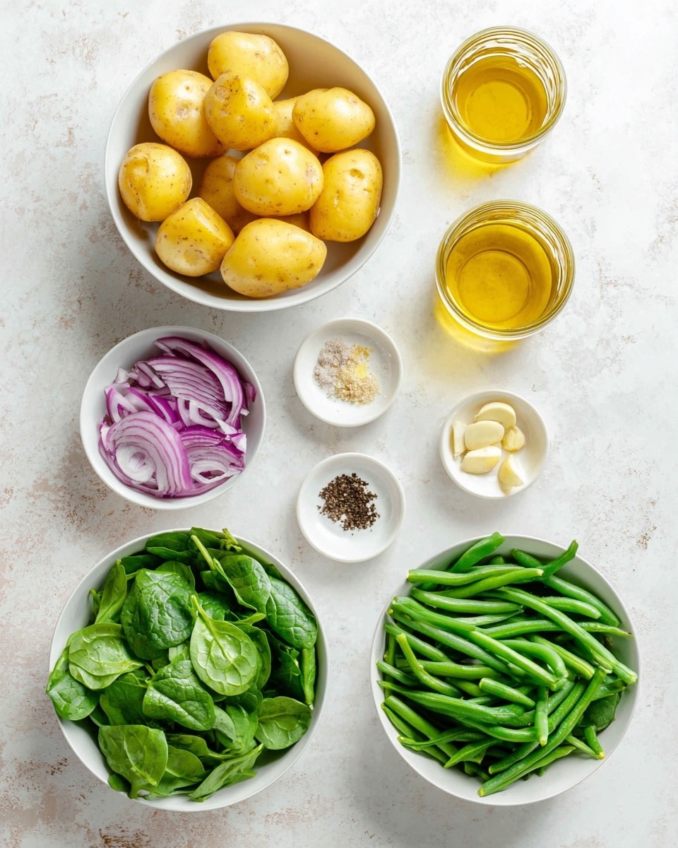 The image shows six white bowls arranged on a white marbled surface. The top left bowl is filled with small yellow potatoes, some whole and some sliced in half, showing their smooth, light yellow inside. To the right of it, two small glass jars hold a golden-yellow oil and a light amber liquid. Below them, three smaller white dishes contain black pepper, finely minced garlic, and thinly sliced red onions with a light purple color. At the bottom left, a white bowl is full of bright green fresh spinach leaves, while the bowl on the bottom right holds fresh green beans, long and slender, placed in layers. The entire arrangement is clean and bright, with a fresh kitchen feel. photo taken with an iphone --ar 4:5 --v 7