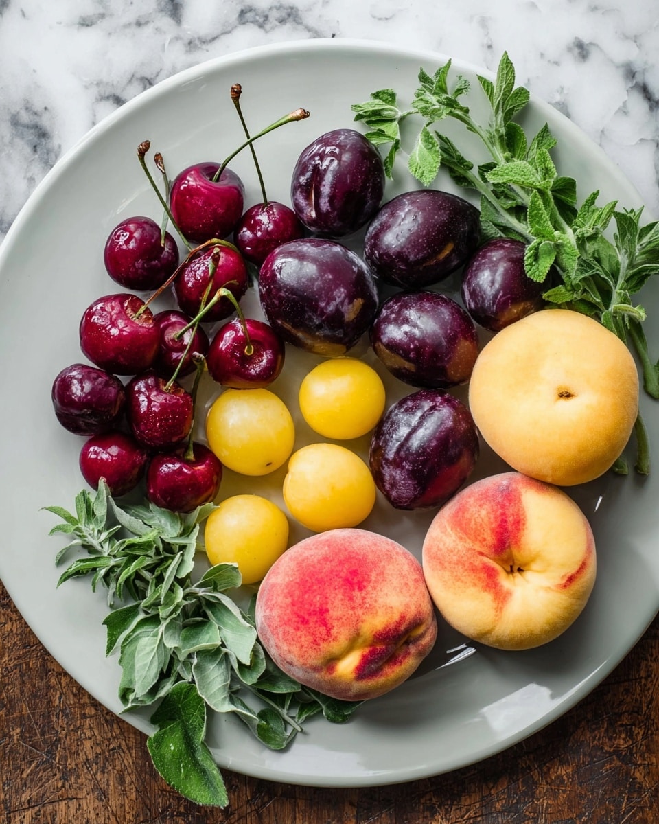 A white plate filled with a mix of fresh fruits and herbs arranged in loose groups. On the left side, there are dark red cherries with green stems, next to a cluster of smooth, shiny dark purple plums. Below them are several small, round yellow plums with a soft texture. To the right side of the plate, there are two peach-colored peaches with soft fuzzy skin, along with more yellow plums. Green leafy herbs are spread around the fruits on the edges, adding fresh green color. The plate sits on a white marbled surface. photo taken with an iphone --ar 4:5 --v 7