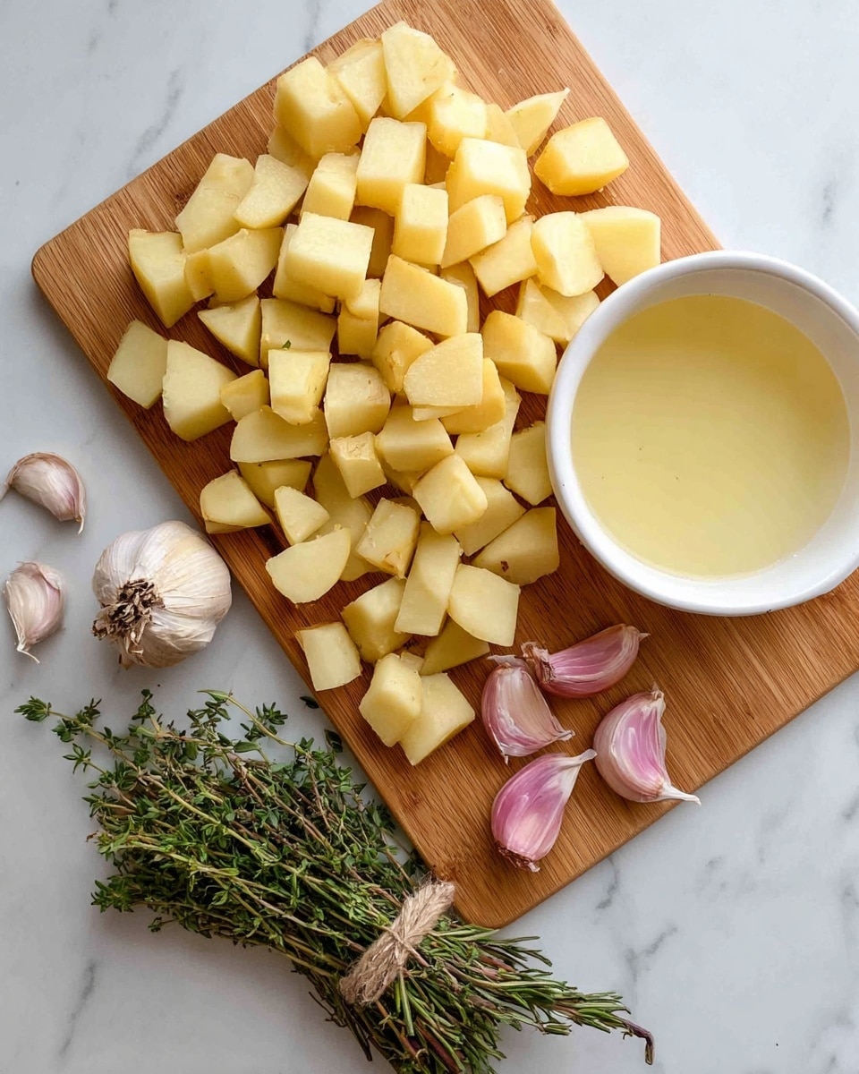 A wooden cutting board holds many pieces of light yellow potatoes with their skin on, each piece roughly triangular or cubed, spread out with some stacked. To the right, there is a white bowl filled with a pale yellow liquid. Below the board, there are three garlic cloves, two of them peeled halfway to show a pinkish inside. At the bottom of the image, there are two bunches of green herbs with thin leaves, one tied with a string. All items rest on a white marbled surface. photo taken with an iphone --ar 4:5 --v 7