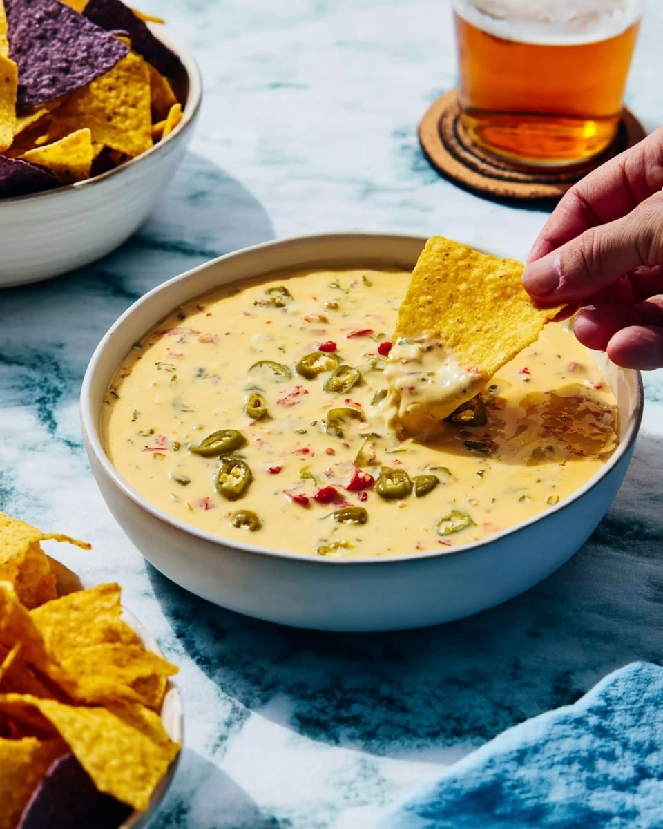 A white bowl filled with thick, creamy yellow queso dip with small chunks of green peppers and bits of red pepper visible throughout, topped with more chopped green peppers on the surface; a woman's hand holds a yellow tortilla chip dipped halfway into the cheese, with some cheese and red pepper pieces on the chip’s tip; in the background, there are two white bowls with tortilla chips—one mixed with yellow and purple chips—and a glass of amber-colored drink on a coaster, all placed on a white marbled surface. photo taken with an iphone --ar 4:5 --v 7
