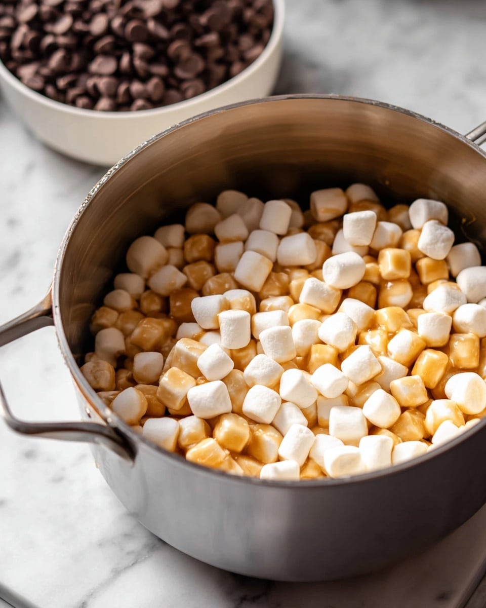 A close-up of a silver pot filled with a mix of small white marshmallows and marshmallows coated in a light caramel sauce, creating a contrast of white and golden-brown colors. In the background, out of focus, there is a white bowl with dark brown chocolate chips. The pot sits on a white marbled surface, and the light shines gently on the marshmallows, highlighting their soft texture. photo taken with an iphone --ar 4:5 --v 7