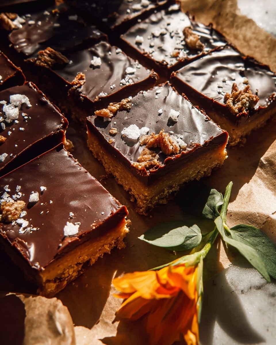 This image shows several squares of a layered dessert bar arranged closely on a brown paper. Each piece has a base layer that looks crunchy and light brown in color, topped with a thick, glossy layer of dark chocolate, which has some texture with small ripples and a shiny finish. There are white salt flakes scattered unevenly over the chocolate top and some small clusters of a toasted, slightly burnt ingredient peeking through. On the lower right side, next to the dessert bars, there is a small green stem with fresh leaves and a yellow-orange flower bud. The lighting is warm and bright, casting shadows and highlighting the texture of the chocolate and base. The background is replaced with a white marbled texture. Photo taken with an iphone --ar 4:5 --v 7