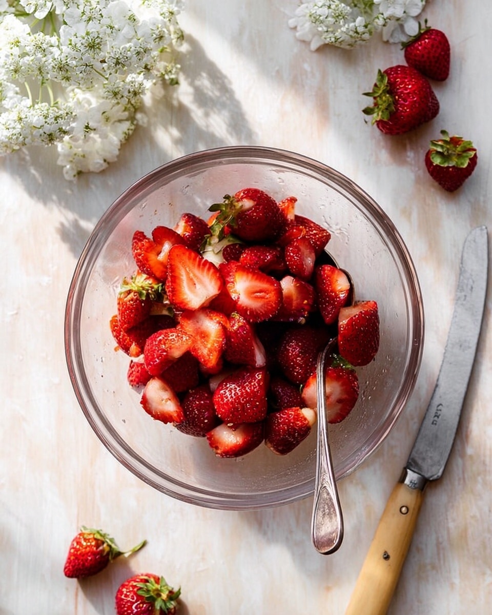 A clear glass bowl filled with bright red strawberries, many cut in half showing their juicy, textured red inside with small seeds and green leafy tops still attached. A vintage silver spoon rests inside the bowl on top of the strawberries, reflecting their color. Surrounding the bowl are whole strawberries and a knife with a light wooden handle on a white marbled surface. In the top left corner, delicate white flowers add a soft touch to the scene. The light is natural, casting gentle shadows. photo taken with an iphone --ar 4:5 --v 7