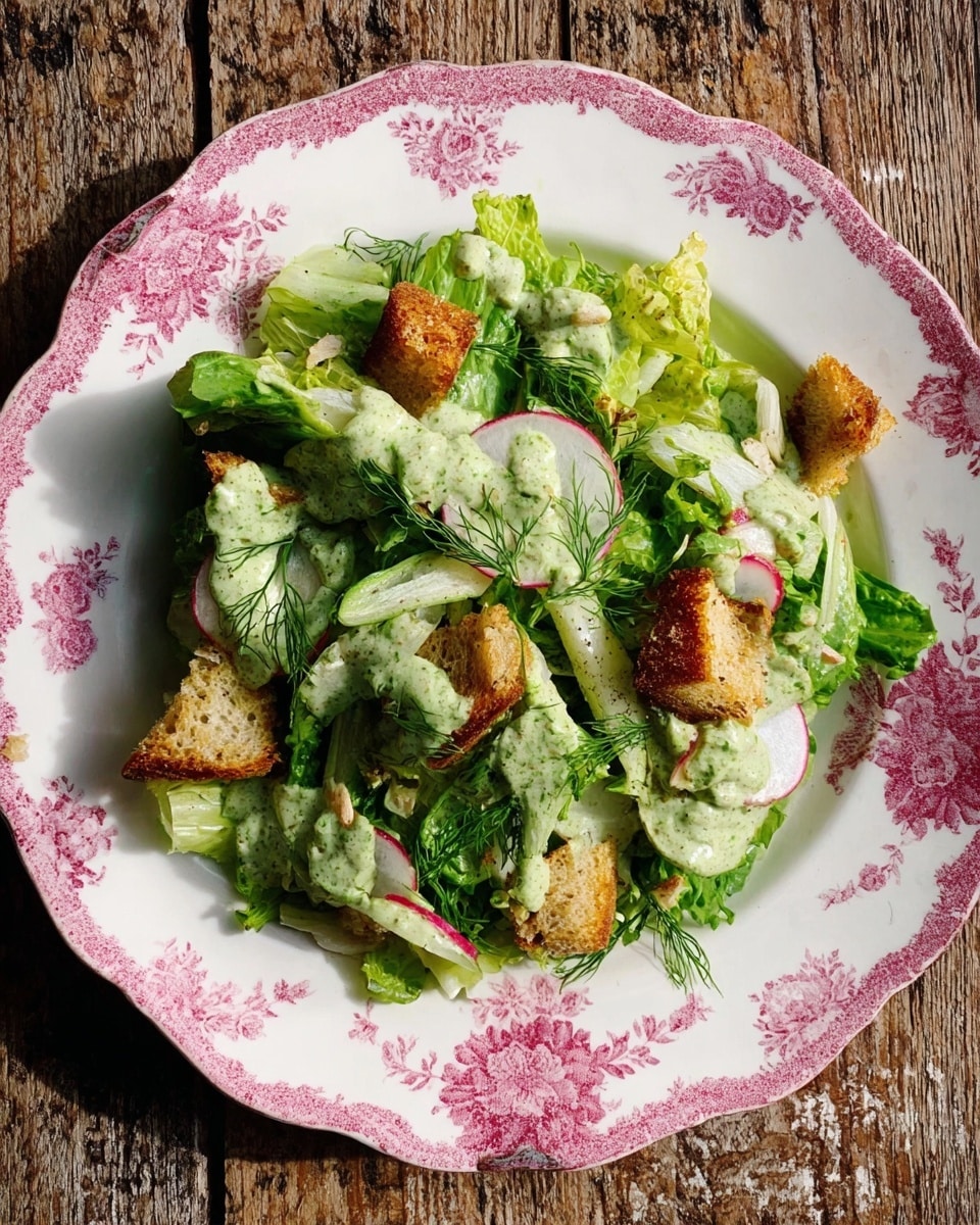 A white plate with pink floral designs holds a fresh salad on a white marbled surface. The salad has layers of green lettuce leaves and thin slices of radish scattered throughout. On top are chunks of golden brown toasted bread, adding a crunchy texture. A creamy green sauce is drizzled over the salad and bread, with a few sprigs of fresh dill leaves adding a delicate touch. A fork rests beside the salad on the plate. The whole scene is lit naturally, showing the textures and colors clearly. photo taken with an iphone --ar 4:5 --v 7