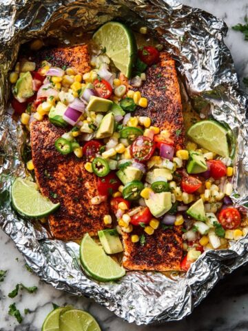 Salmon in Foil with Fresh Avocado and Tomato Salad Recipe