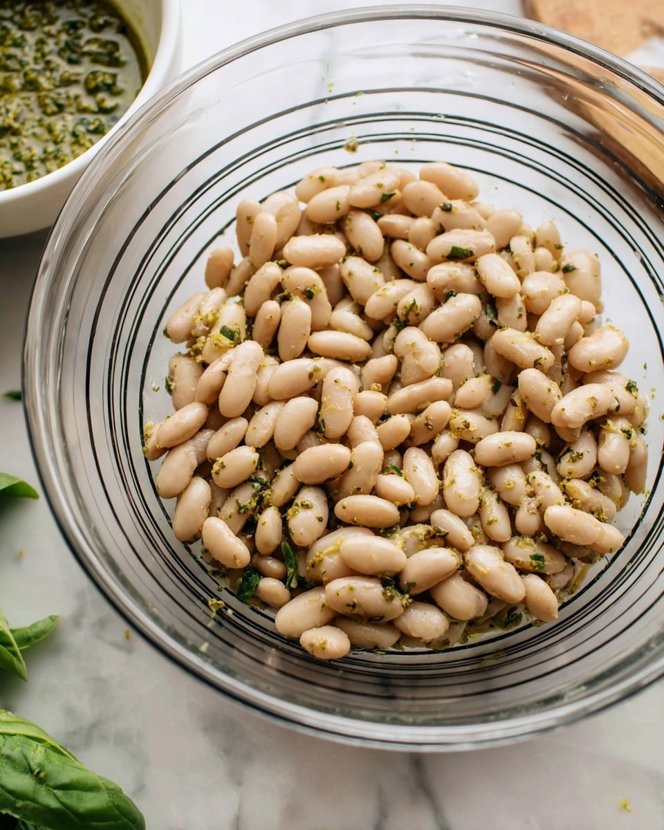 A clear glass bowl with black rings around it holds one layer of light beige beans mixed with small bits of green herbs and seasoning, creating a subtle speckled texture on the beans. The bowl is placed on a white marbled surface, with a white bowl of green sauce and fresh green basil leaves partially visible in the background. The light and colors are soft and natural, making the beans look fresh and slightly shiny. Photo taken with an iphone --ar 4:5 --v 7