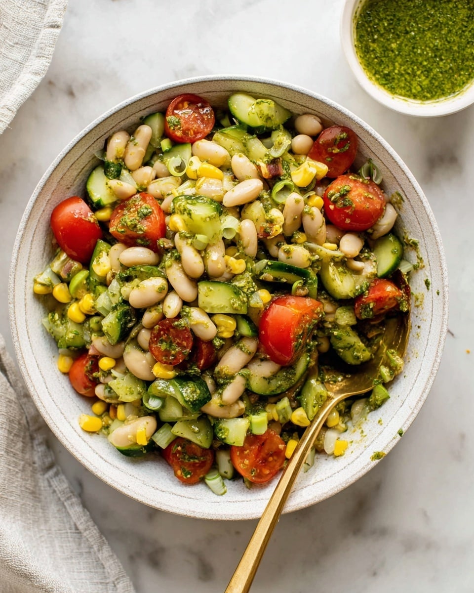 A bowl with three main layers holds a fresh bean salad; the bottom layer is a white textured bowl filled with a mix of white beans, chopped bright green cucumbers, halved red cherry tomatoes, yellow corn kernels, and green spring onion slices. The salad is lightly coated in a green pesto dressing visible as small patches on the ingredients. On the top right edge, a golden spoon rests inside the bowl with a small portion of the salad, coated in pesto. The bowl and spoon sit on a white marbled surface, with a small white bowl of extra green pesto sauce partially visible in the top right corner photo taken with an iphone --ar 4:5 --v 7