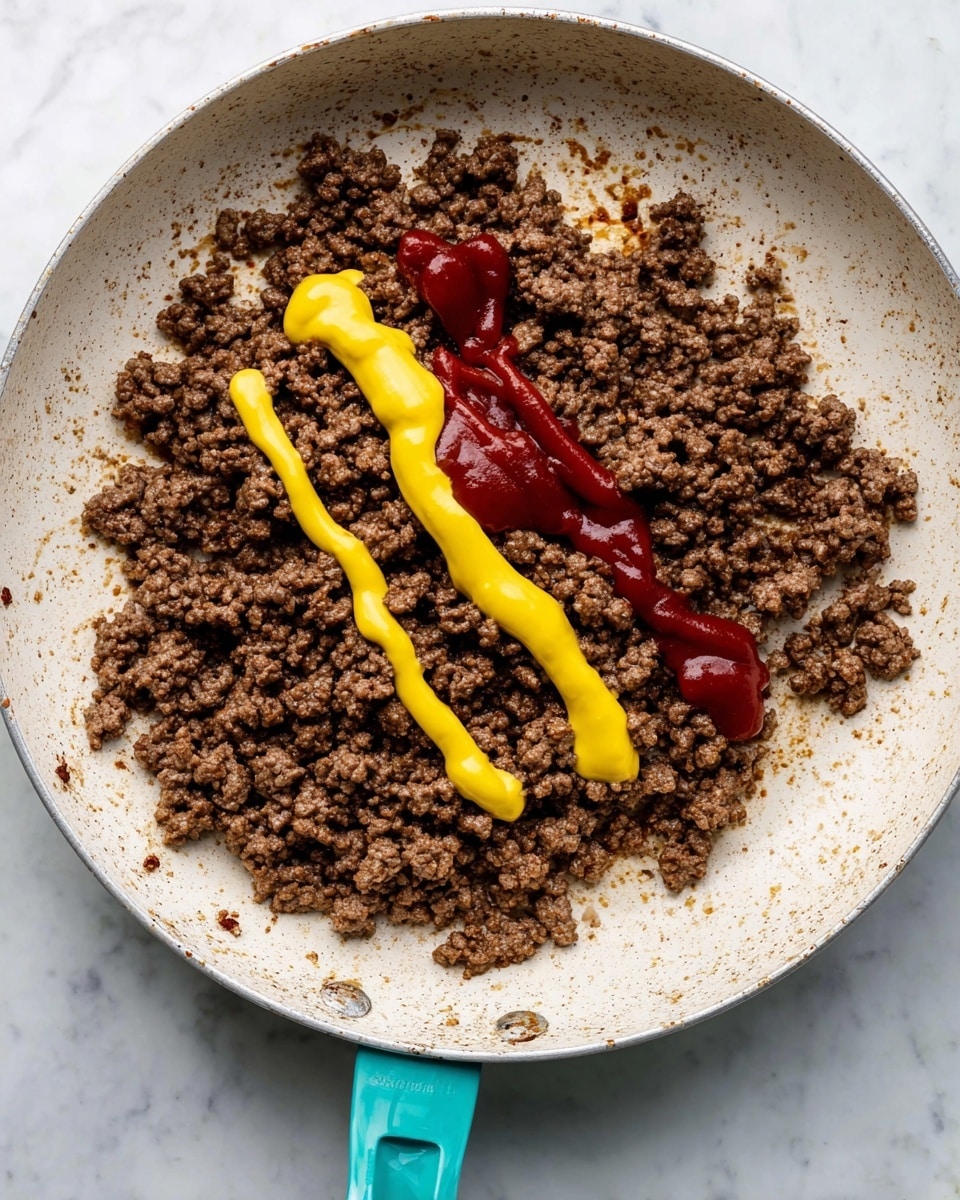 A white frying pan filled mostly with crumbled cooked brown ground beef, showing varied texture with some crispy pieces. On top of the beef near the center are two sauces: a smooth bright yellow mustard applied in thick lines, and a rich dark red ketchup beside it. The frying pan has a turquoise handle and sits on a white marbled surface. The edges of the pan show some browned spots from cooking photo taken with an iphone --ar 4:5 --v 7