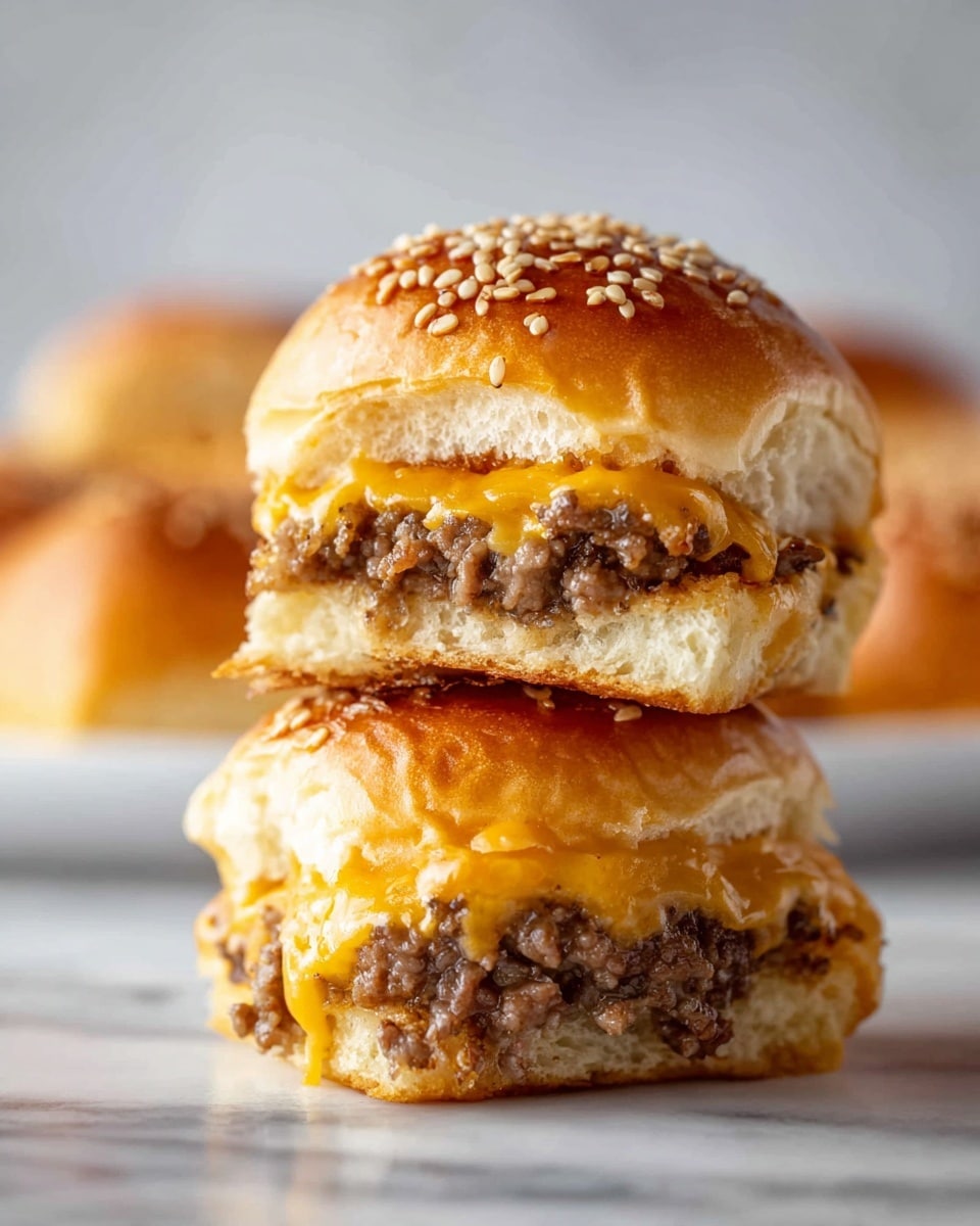A close-up image of several small sesame seed buns with one bun pulled open to show the inside layers. The top layer is a shiny golden-brown bun sprinkled with white sesame seeds. Inside, there is a thick layer of cooked ground beef mixed with melted pale yellow cheese, some of which spills out in front. The pulled bun rests on a white marbled surface with parts of other buns visible around it. photo taken with an iphone --ar 4:5 --v 7