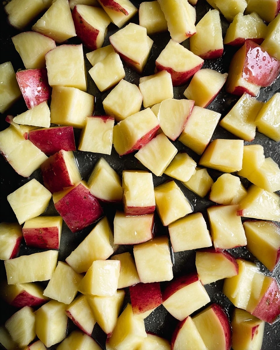 The image shows many pieces of raw potatoes cut into small cubes. Each piece has light yellow flesh and red skin edges, with a shiny, wet surface from oil or water. The cubes are spread out closely together, filling the whole frame. The background is a dark surface that contrasts with the light color of the potatoes. photo taken with an iphone --ar 4:5 --v 7