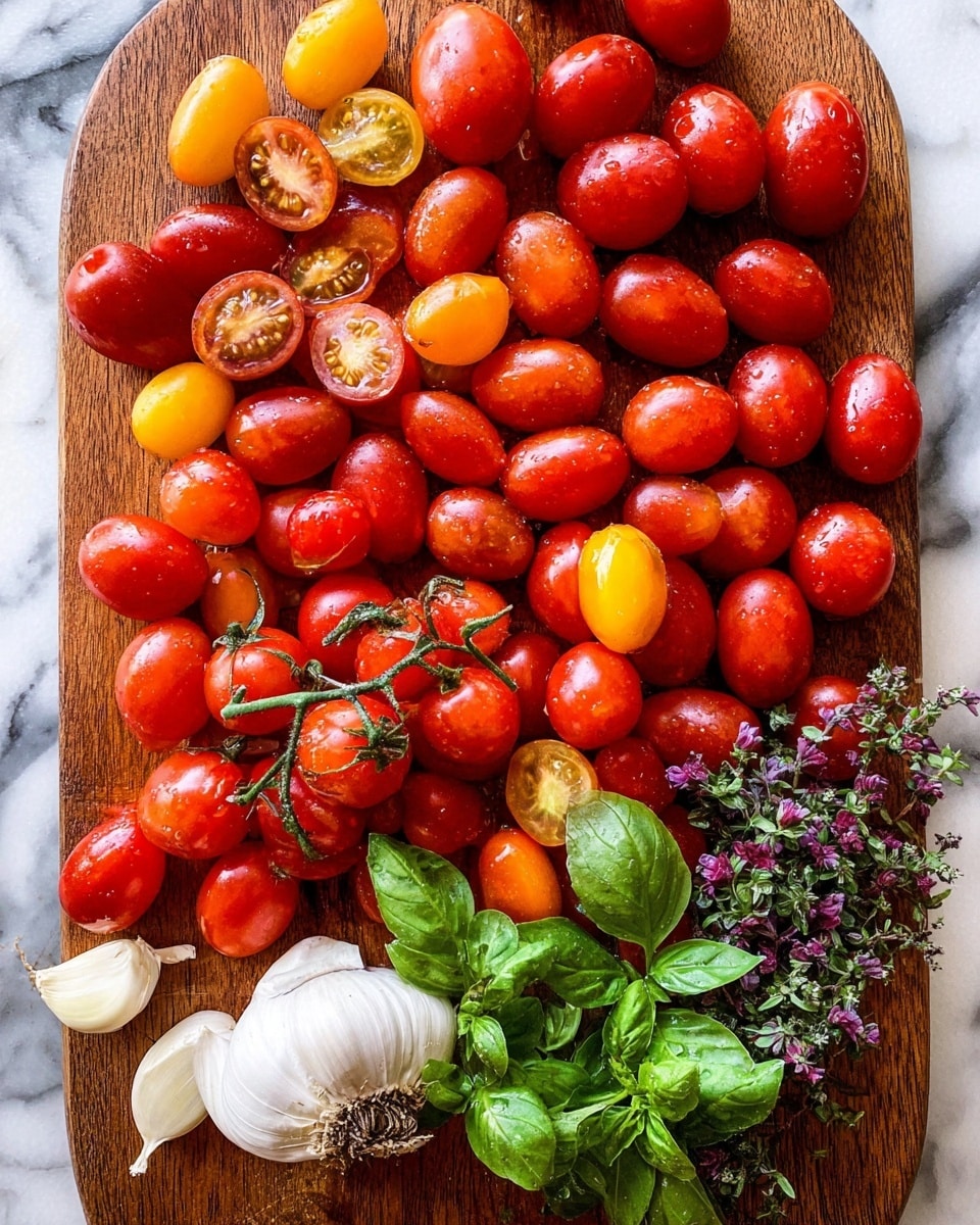 The image shows a wooden board full of fresh tomatoes in different types and sizes. There are many small oval red tomatoes, some are whole, and some are cut in halves showing their juicy inside. There are also small round yellow tomatoes scattered among the red ones. A few tomato bunches with green stems are placed on top of the pile. In the lower part of the image, there is a white garlic bulb with several peeled cloves beside it. Fresh green basil leaves rest in the middle of the tomatoes, and on the right edge, there are small purple and green herbs. The whole scene is on a white marbled surface, highlighting the bright colors of the fresh vegetables photo taken with an iphone --ar 4:5 --v 7