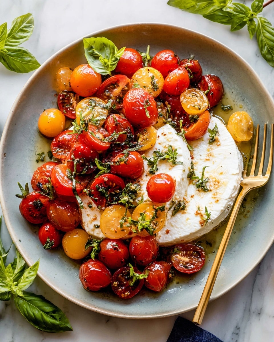 This dish is served in a white plate filled with two large layers of creamy white cheese placed in the center. On top and around the cheese, there is a mix of halved red and yellow cherry tomatoes, juicy and glistening with a light herb dressing. Fresh bright green basil leaves are scattered over, adding contrast. A gold fork partly rests on the right side of the cheese and tomatoes. The plate is set on a white marbled surface with some basil leaves around for decoration. photo taken with an iphone --ar 4:5 --v 7