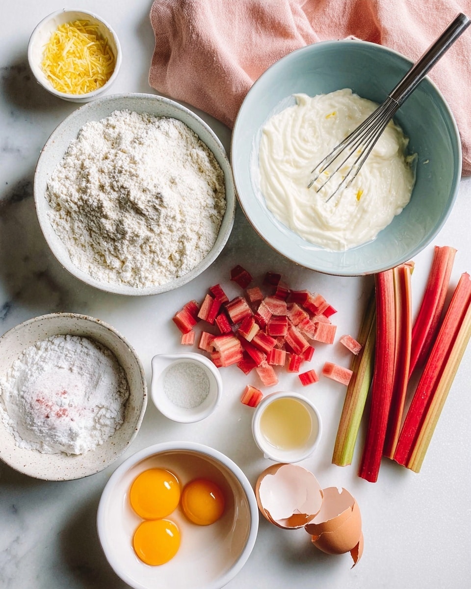 The image shows a white marbled surface with various baking ingredients arranged neatly. In the center left, there is a white bowl filled with flour and baking powder, with a whisk inside. Above it, a pale blue bowl holds a thick white batter with a metal spoon in it. To the right, bright red and green chopped rhubarb stalks are scattered, with a knife nearby and some whole stalks placed vertically. On the lower left, a lightly speckled white bowl contains granulated sugar. Below the flour bowl, a white bowl has two cracked eggs with bright yellow yolks. Two broken egg shells lie near the eggs. A small white cup with a liquid, likely vanilla or oil, is also present. At the top, there is a small white bowl with yellow grated zest. A soft pink cloth rests behind these items. photo taken with an iphone --ar 4:5 --v 7