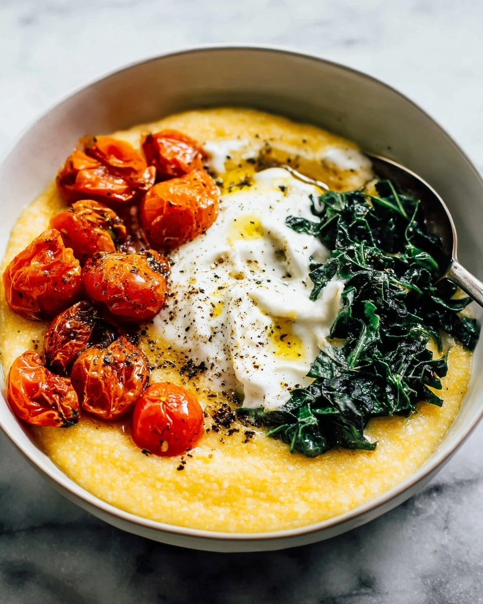 A white bowl filled with a creamy yellow base that looks smooth and thick, topped with roasted shiny red and orange cherry tomatoes on the left side. In the middle, there is a dollop of white creamy sauce, sprinkled with black pepper and some drizzle of oil. On the right side, dark green cooked leafy vegetables add contrast, with a silver spoon resting inside the bowl. The bowl sits on a white marbled surface, and the photo taken with an iphone --ar 4:5 --v 7