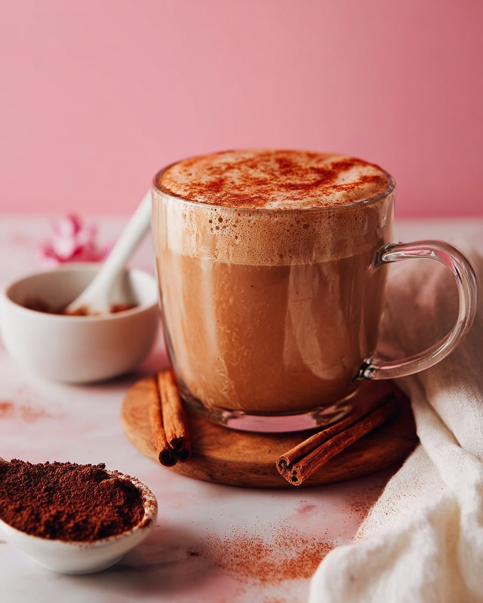 A clear glass mug filled with a creamy light brown drink that has a thick frothy layer on top dusted with reddish-brown powder. The mug is placed on a wooden coaster, with two cinnamon sticks beside it. To the left, there is a small white bowl filled with dark brown powder and a white spoon with some of the powder on it resting on the white marbled surface. A white cloth is casually placed next to the mug. The background is soft pink, creating a warm and cozy feel photo taken with an iphone --ar 4:5 --v 7