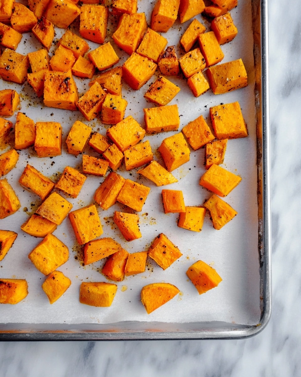 The image shows one layer of small, bright orange roasted sweet potato cubes spread out evenly on white baking paper inside a silver baking tray. The sweet potato pieces vary in shape but are mostly small squares and rectangles, with some edges slightly browned and charred. The surface of the sweet potatoes looks soft with tiny black pepper specks sprinkled on top. The tray is placed on a white marble textured surface. photo taken with an iphone --ar 4:5 --v 7