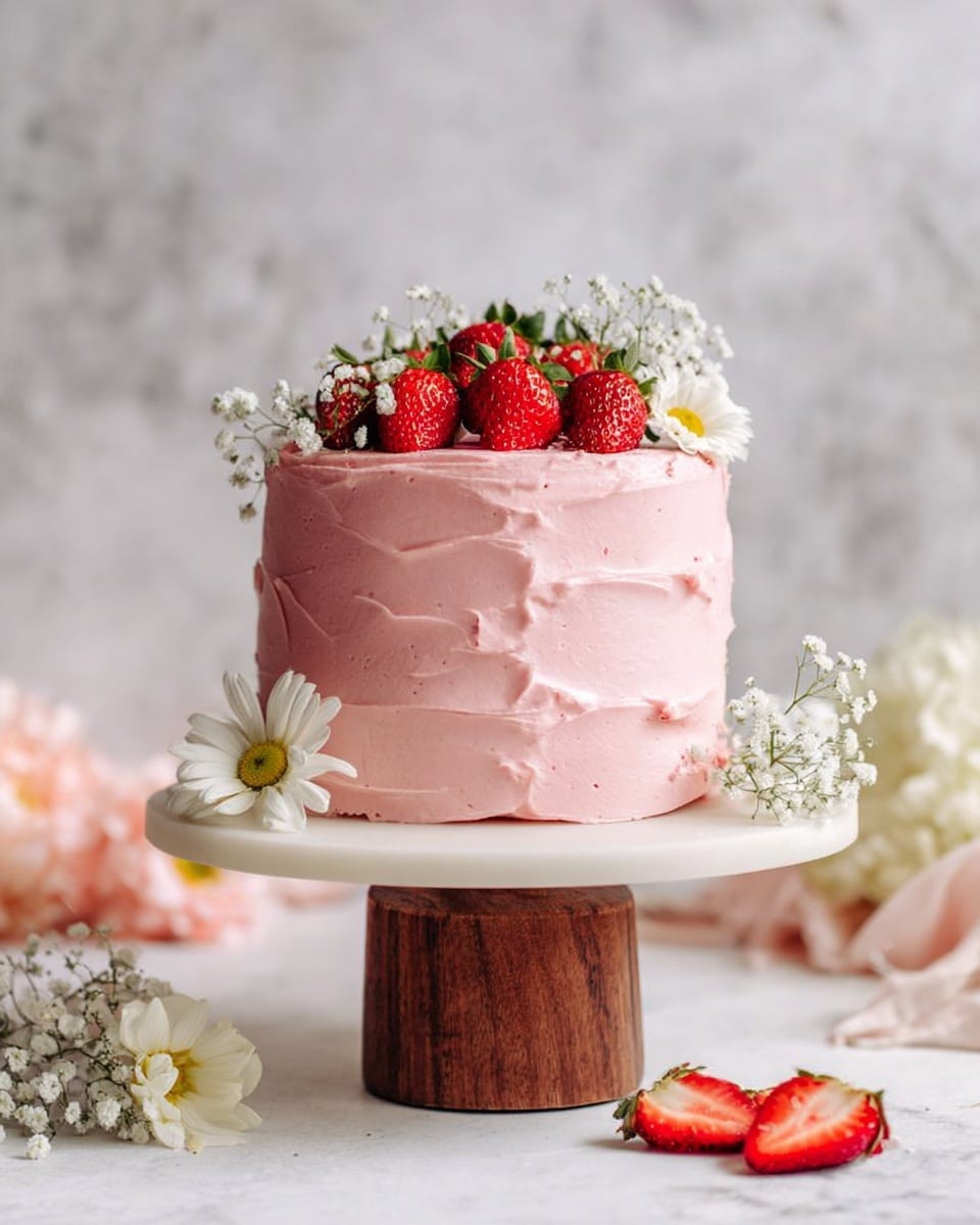 A small cake with two layers covered in smooth, pink frosting with soft swirls all around the sides. On top, there are fresh red strawberries, some sliced to show their inside, and white flowers including a daisy and tiny baby's breath flowers. The cake is placed on a white round cake stand with a wooden base, all set on a white marbled surface with some white flowers and a sliced strawberry nearby. photo taken with an iphone --ar 4:5 --v 7