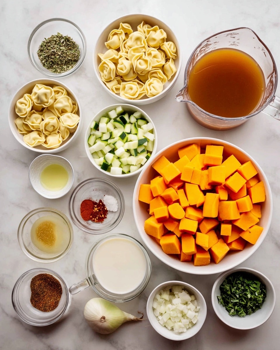 The image shows many small white bowls and a clear glass jug arranged on a white marbled surface, each holding a different ingredient. Starting from the bottom left is a white bowl filled with uncooked tortellini pasta, while to its right is a glass jug filled with brown broth. Above the broth is a white bowl full of medium-large orange cubes of butternut squash. Moving upward, there are several small bowls and dishes holding chopped white onion, diced light green zucchini, minced garlic, chopped fresh herbs, red pepper flakes, salt, ground spices, olive oil, milk, and chopped celery. All items are neatly spread out with focus on the varied pastel colors and textures of the fresh ingredients. Photo taken with an iphone --ar 4:5 --v 7
