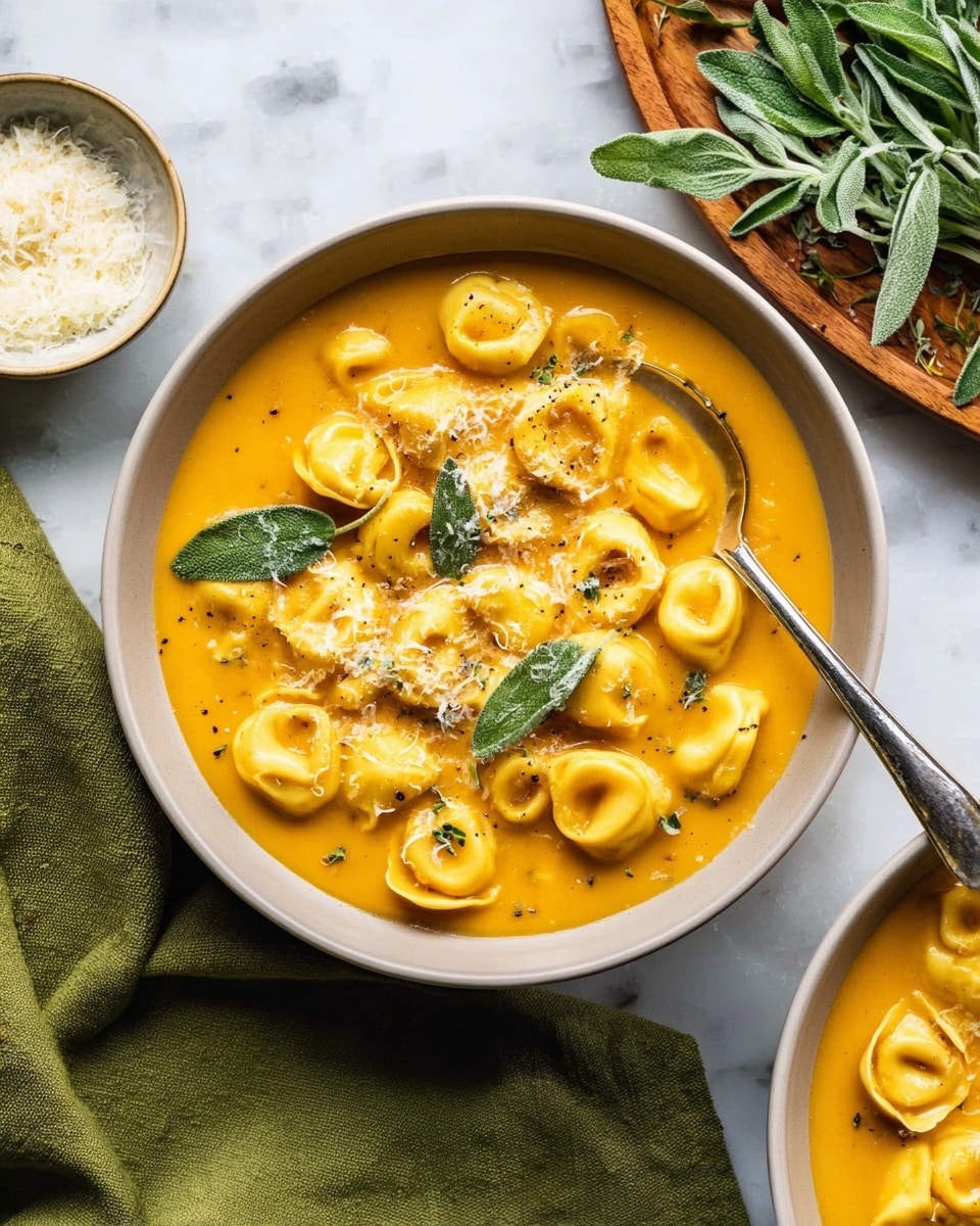 The image shows one light gray bowl filled with about two layers of rich, smooth, bright orange-yellow creamy soup. Floating on the soup is a layer of small, round tortellini pasta that is light yellow with soft edges, mixed evenly on the surface. The soup is topped with a light sprinkling of white grated cheese and a few small green sage leaves placed decoratively on top. A silver spoon rests inside the bowl on the right side, slightly sinking into the soup. Around the bowl is a wooden plate with fresh green herbs, a small bowl with grated cheese, and a green cloth on a white marbled surface. Photo taken with an iphone --ar 4:5 --v 7