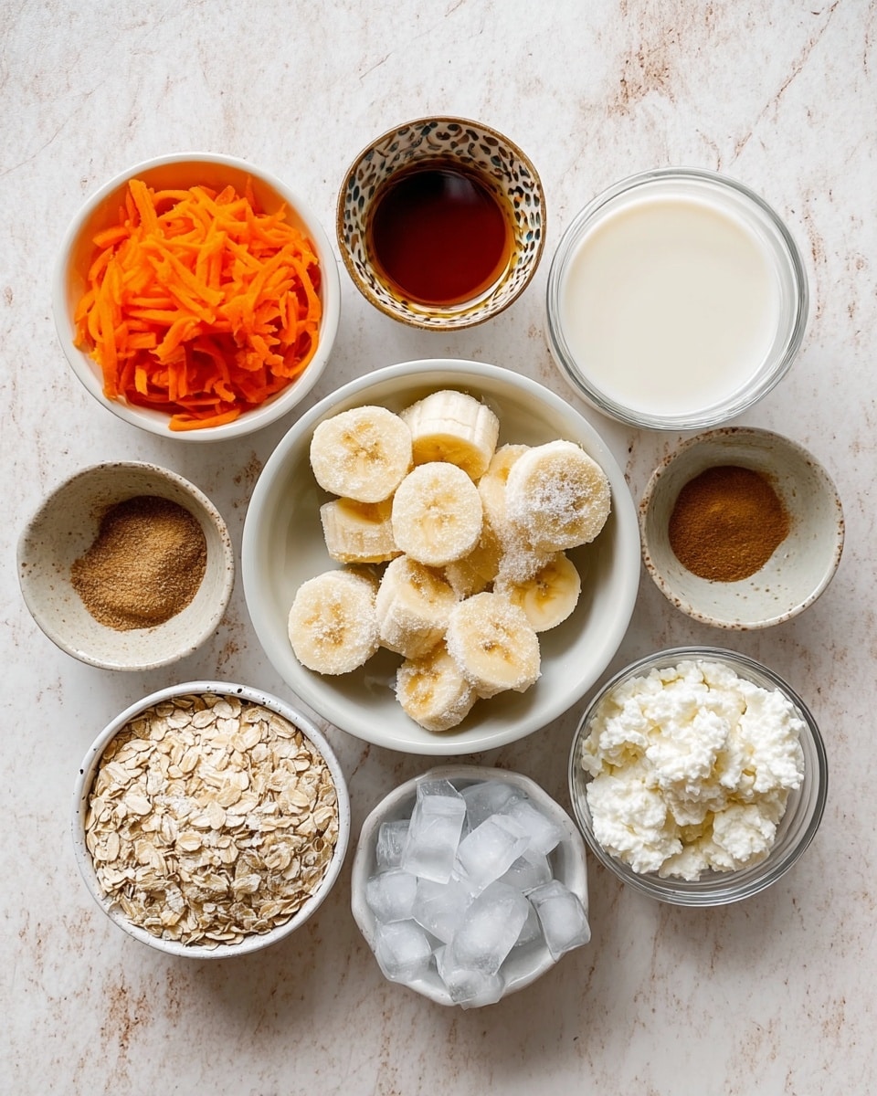 The image shows a top view of nine small bowls and a glass arranged on a white marbled surface. In the center is a white bowl filled with slices of frozen bananas, which are pale yellow with frost on them. Around it, from top left going clockwise, there is a white bowl with bright orange shredded carrots, a white bowl with dark amber honey, a small decorative bowl with dark brown vanilla extract, a white bowl with plain light beige rolled oats, a white bowl with clear ice cubes, a clear glass bowl filled with white cottage cheese, a clear bowl with light beige flour, and a clear glass filled with creamy white plant milk. There are also two small ceramic bowls, each holding ground cinnamon and ground nutmeg, both light brown powders. The bowls and glass are spaced evenly on the surface. photo taken with an iphone --ar 4:5 --v 7