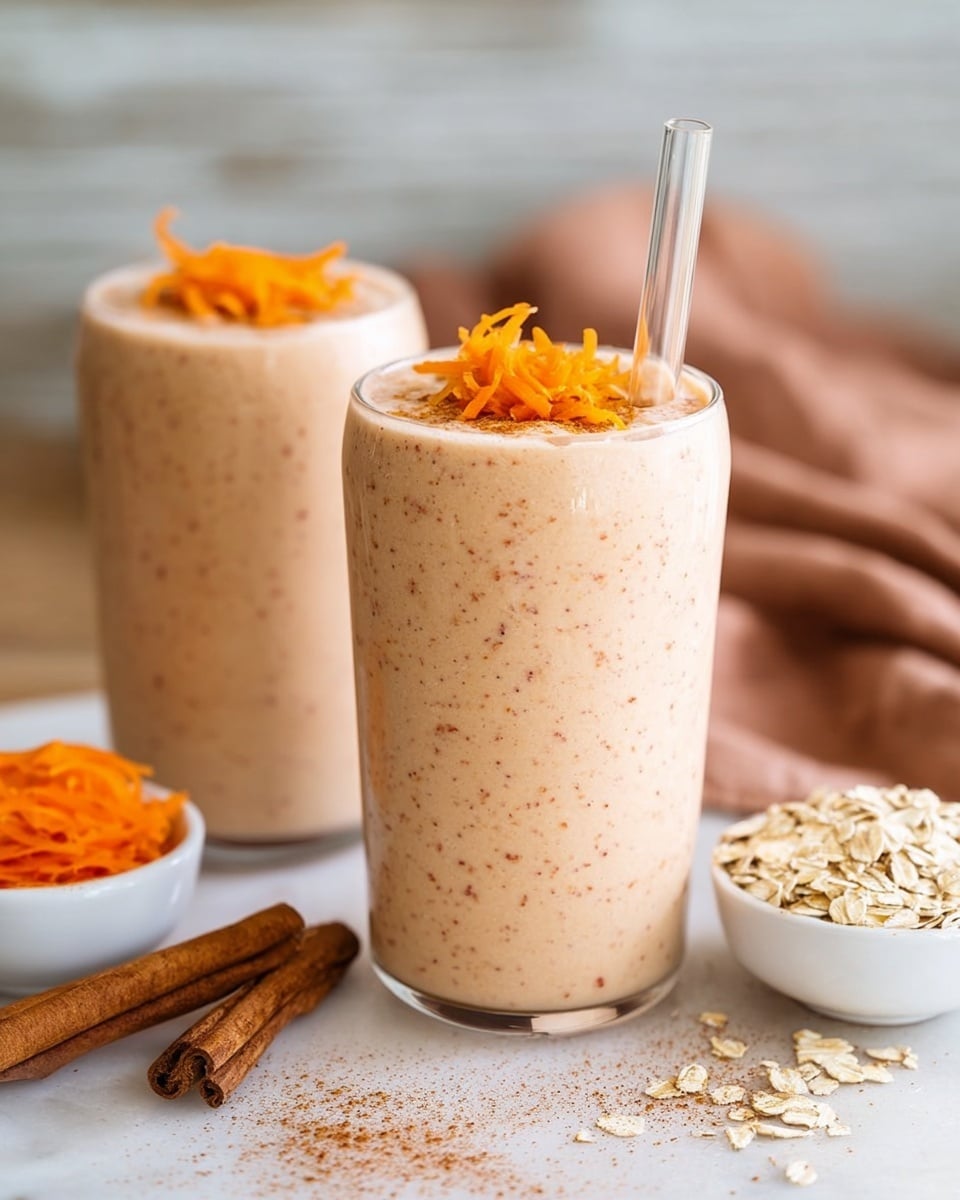 Two thick glasses filled with a creamy beige smoothie that has small orange and brown specks throughout. The smoothies are topped with thin orange shreds and a light sprinkle of brown powder. Each glass has a clear straw, and they sit on a white marbled surface with two cinnamon sticks and small white bowls holding raw oats and shredded orange carrots nearby. In the background, a soft brown cloth is softly blurred. Photo taken with an iphone --ar 4:5 --v 7