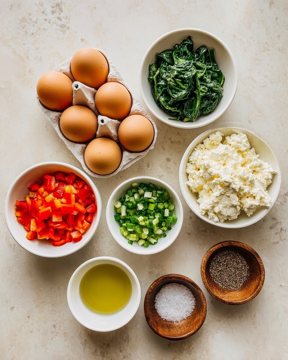 A top view of several ingredient bowls and containers placed on a white marbled surface, with a carton of eight brown eggs in the middle. Surrounding the eggs are seven small white bowls: one holds chopped red bell peppers with bright red and orange pieces; another contains chopped green leafy spinach with rich green leaves; one bowl is filled with small, light green chopped spring onions; another has crumbly white cheese; one contains a creamy white cottage cheese with a soft, lumpy texture; a small bowl holds olive oil with a clear, light yellow-green liquid; and two small wooden bowls contain grainy black pepper and white granulated salt. No visible woman's hand is present in the scene. Photo taken with an iphone --ar 4:5 --v 7