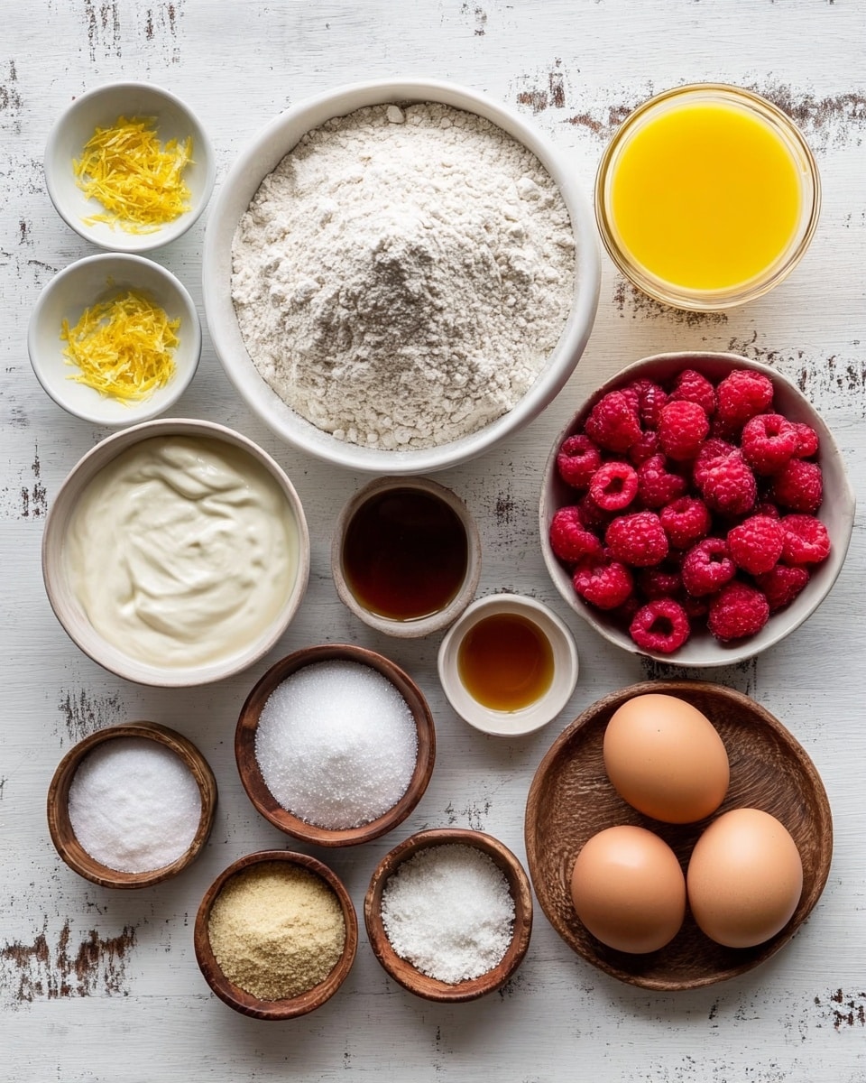 The image shows many ingredients arranged on a white marbled surface. In the middle is a large white bowl filled with white flour. To the right of it, there is a bowl full of bright red raspberries and a smaller white bowl with more flour. Below, from left to right, there are three small wooden bowls each holding different white powders and small granules, and a white bowl full of white sugar. To the left of the large flour bowl, small white dishes hold yellow lemon zest, light yellow liquid, and golden sugar. Above these dishes, there is a brown bowl filled with a thick white cream. Next to it, a small round wooden plate holds two brown eggs and a small bowl with a dark brown liquid. Above the plate, a glass cup is filled with bright orange juice. The items are neatly arranged in layers and rows for clear viewing, photo taken with an iphone --ar 4:5 --v 7