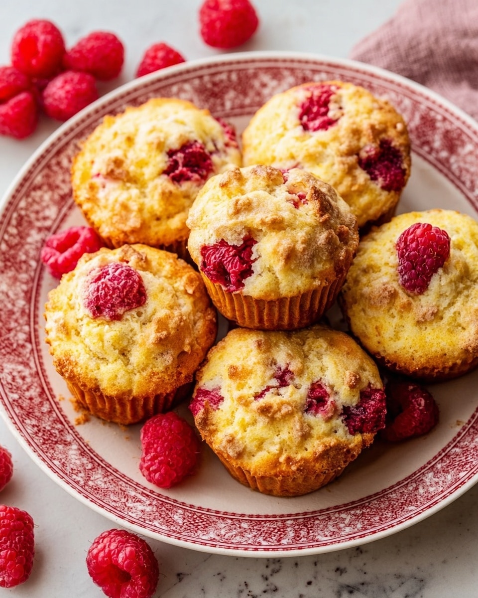 The image shows a round white plate with a red decorative pattern around the edge, holding seven golden-brown muffins with a rough texture. Each muffin has bright red raspberries baked inside and on top, with some raspberries looking soft and crushed while others stay whole. Around the plate, fresh whole raspberries scattered on a white marbled surface add color and detail. The muffins have a slightly crumbly and shiny finish on top, showing a mix of creamy yellow and reddish tones. Photo taken with an iphone --ar 4:5 --v 7