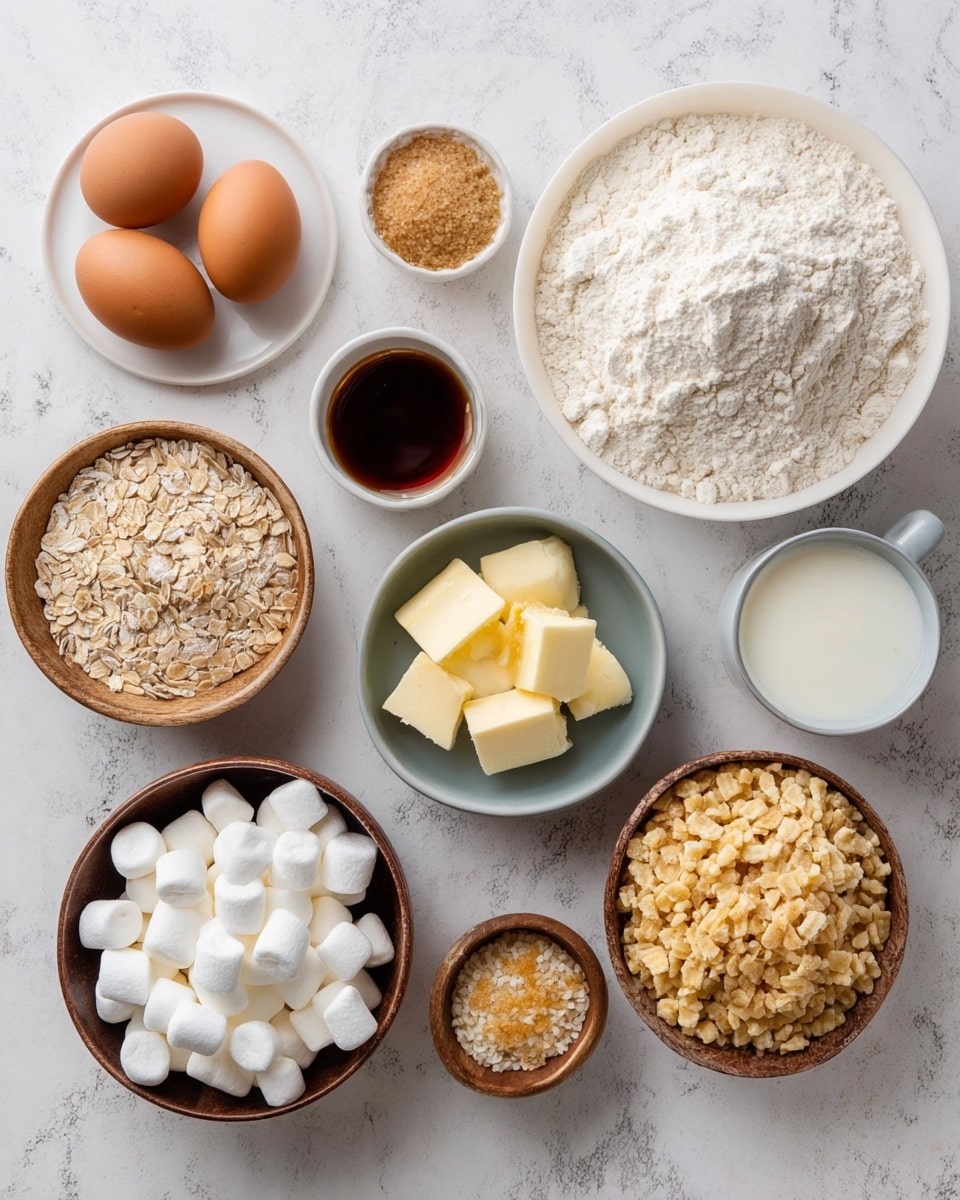 The image shows various baking ingredients arranged neatly on a white marbled surface. In the center, there is a large white bowl filled with light-colored flour. To the left of this bowl, there's a white bowl with rolled oats and another with brown sugar that looks soft and crumbly. Above the oats, a small white dish contains a dark liquid, likely vanilla extract. To the right of the flour, there is a white bowl filled with white shredded coconut and next to it a small wooden plate holding a stick of yellow butter and a whole brown egg. Along the bottom of the image, three small white bowls hold different powders, probably baking soda, sugar, and baking powder, and a small ceramic dish with a bubbly liquid is placed on the far left. Everything is laid out clearly to show the individual textures and colors of each ingredient photo taken with an iphone --ar 4:5 --v 7