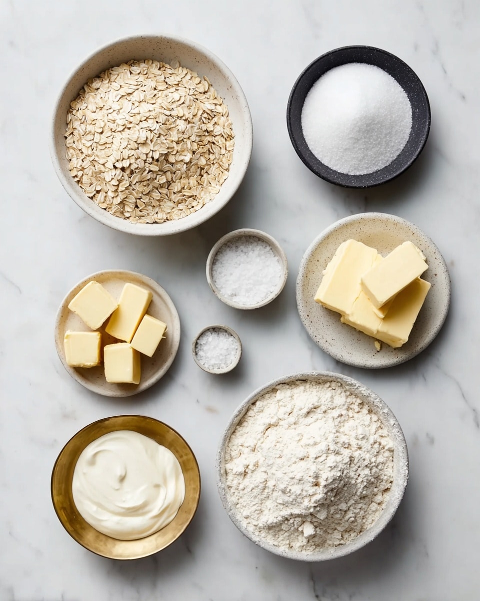 The image shows eight round white dishes with different ingredients on a white marbled surface. Starting from the top right corner and moving left, there is a bowl filled with white granulated sugar, a large bowl of white flour with a slightly rough texture, a smaller plate holding several pale yellow butter cubes, and a small bowl filled with smooth, creamy white yogurt in the center bottom. To the left of the yogurt, there is a bowl filled with light beige rolled oats with a rough texture. Above the oats, a small round black plate contains a white powder, likely baking powder, and above it, another small darker bowl contains fine white salt. On the far left side, a golden plate holds a small pile of white powder, possibly baking soda. The arrangement is neat and evenly spaced on the white marbled surface. photo taken with an iphone --ar 4:5 --v 7