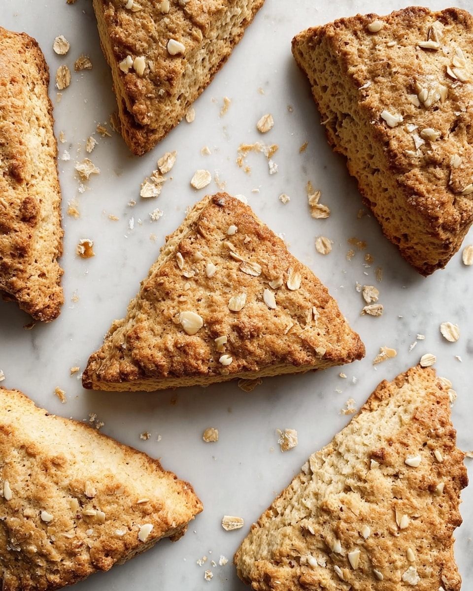 The image shows several golden-brown triangular scones with a rough texture top sprinkled with small oats. They are arranged on a white marbled surface, some whole and a few broken with crumbs scattered around. The scones have a slightly uneven but crispy look, and the oat bits add a rustic feel to their tops. photo taken with an iphone --ar 4:5 --v 7